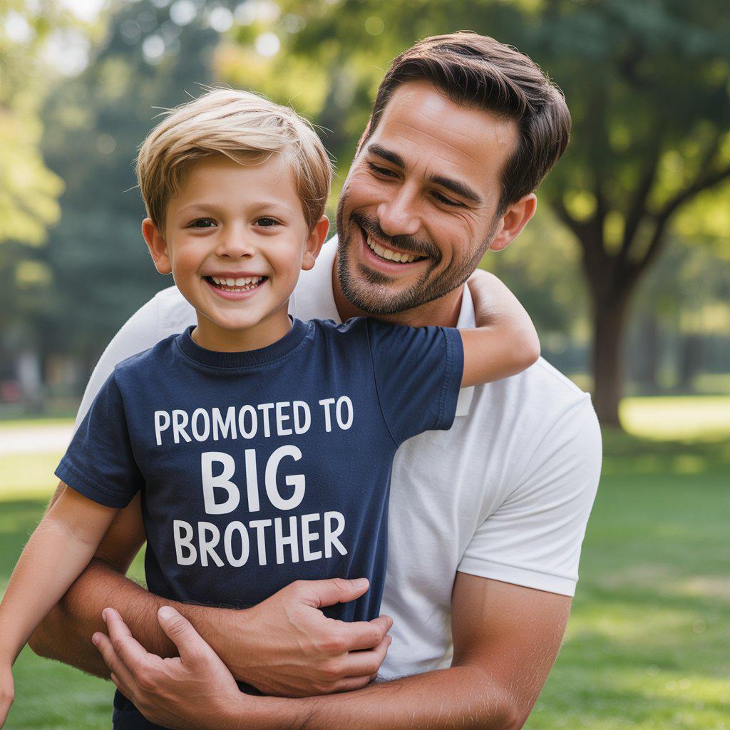 Little boy proudly wearing a “Promoted to Big Brother” shirt during a family announcement, smiling and excited