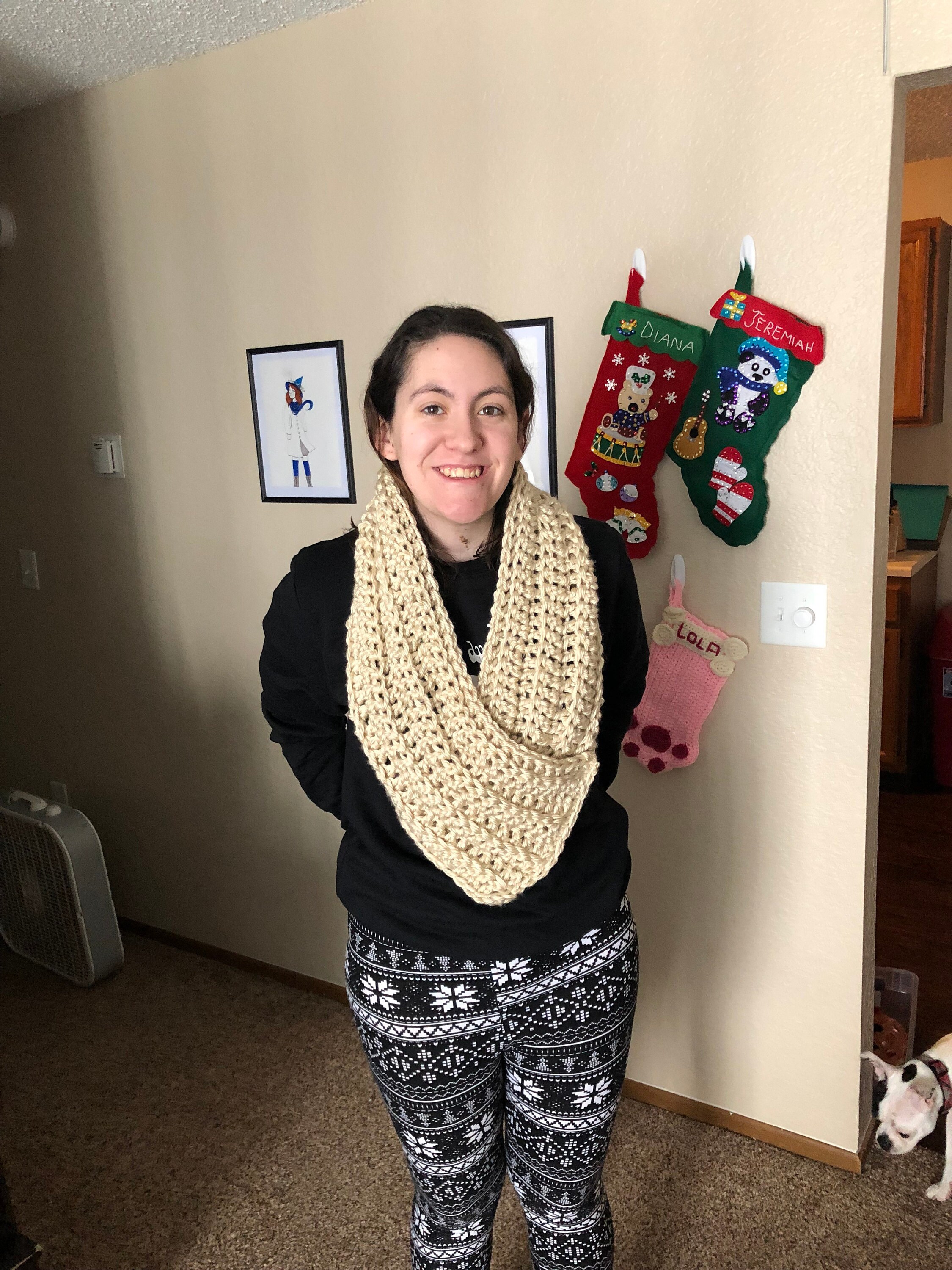 Woman wearing crochet cowl