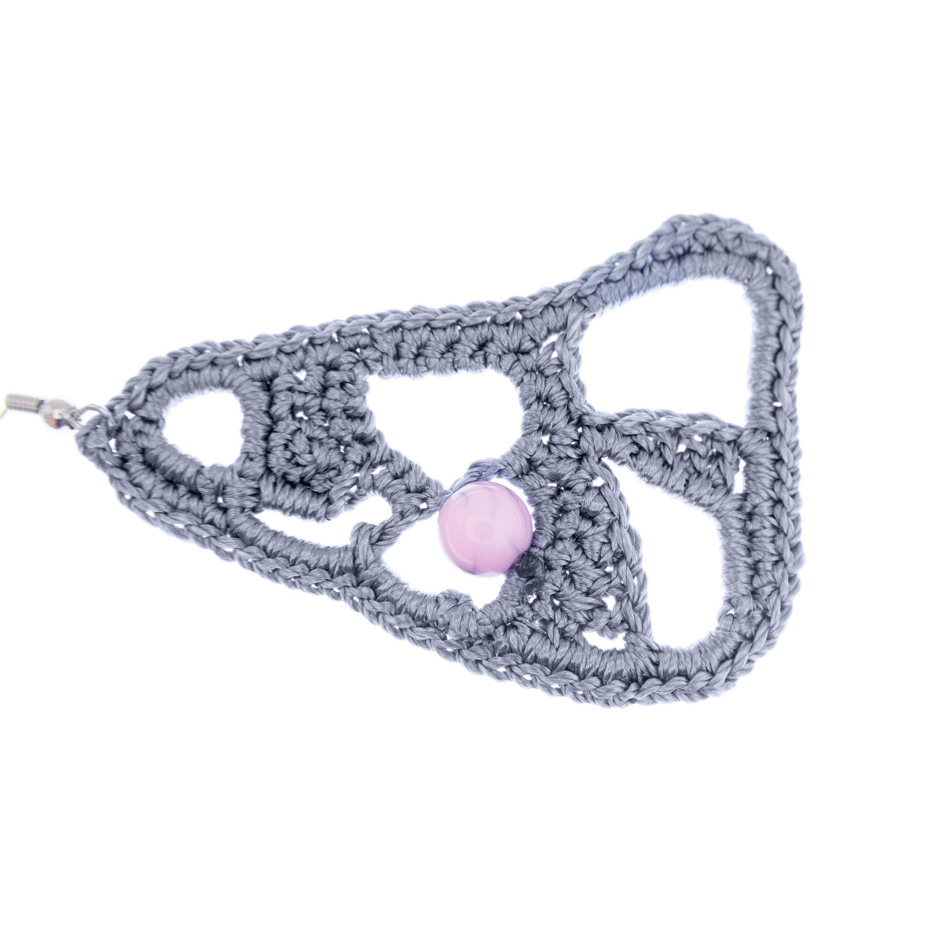 handmade lace earrings for a wedding with grey freeform triangles and pale pink bead