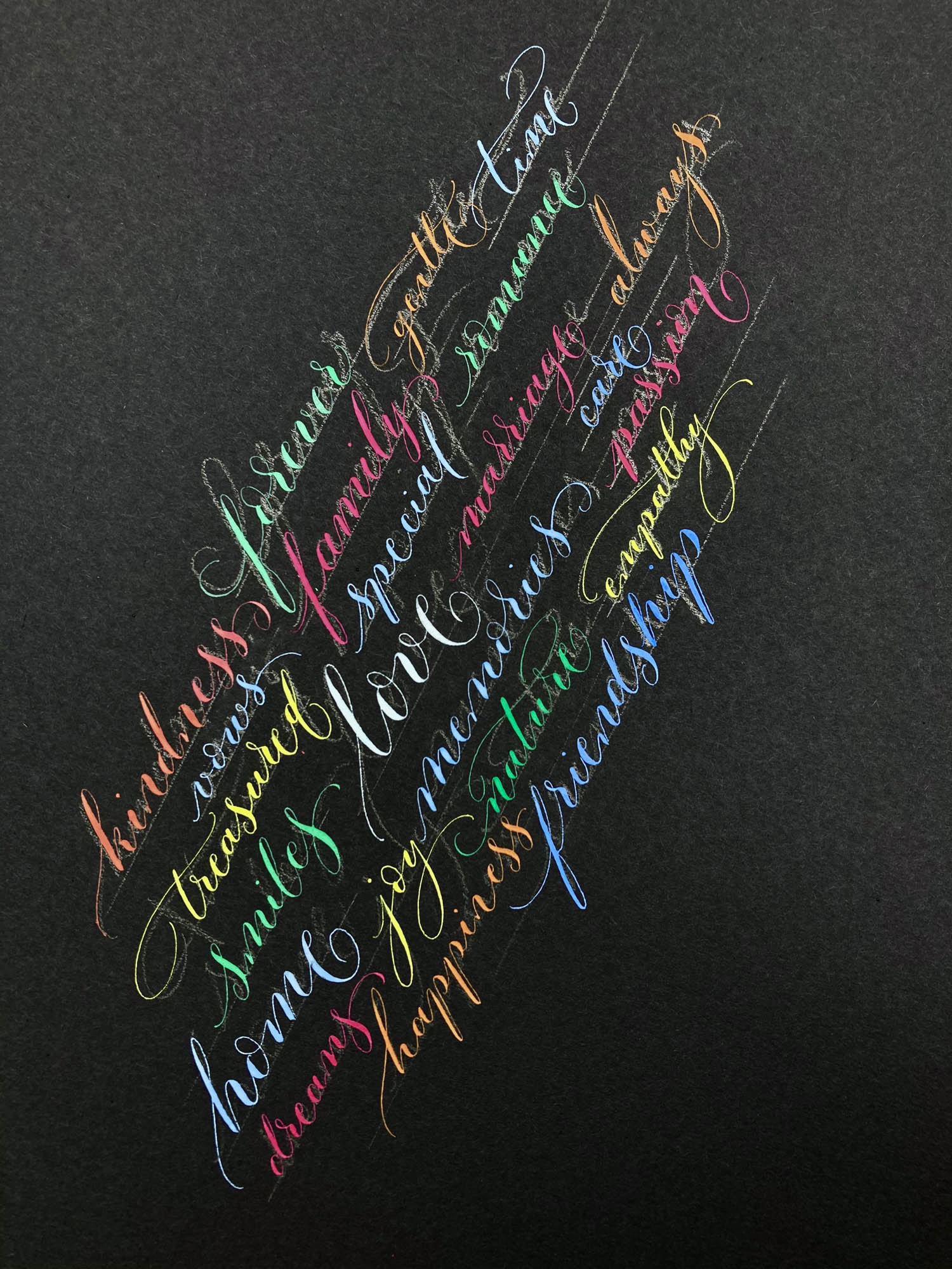 calligraphy in vibrant colours on black paper