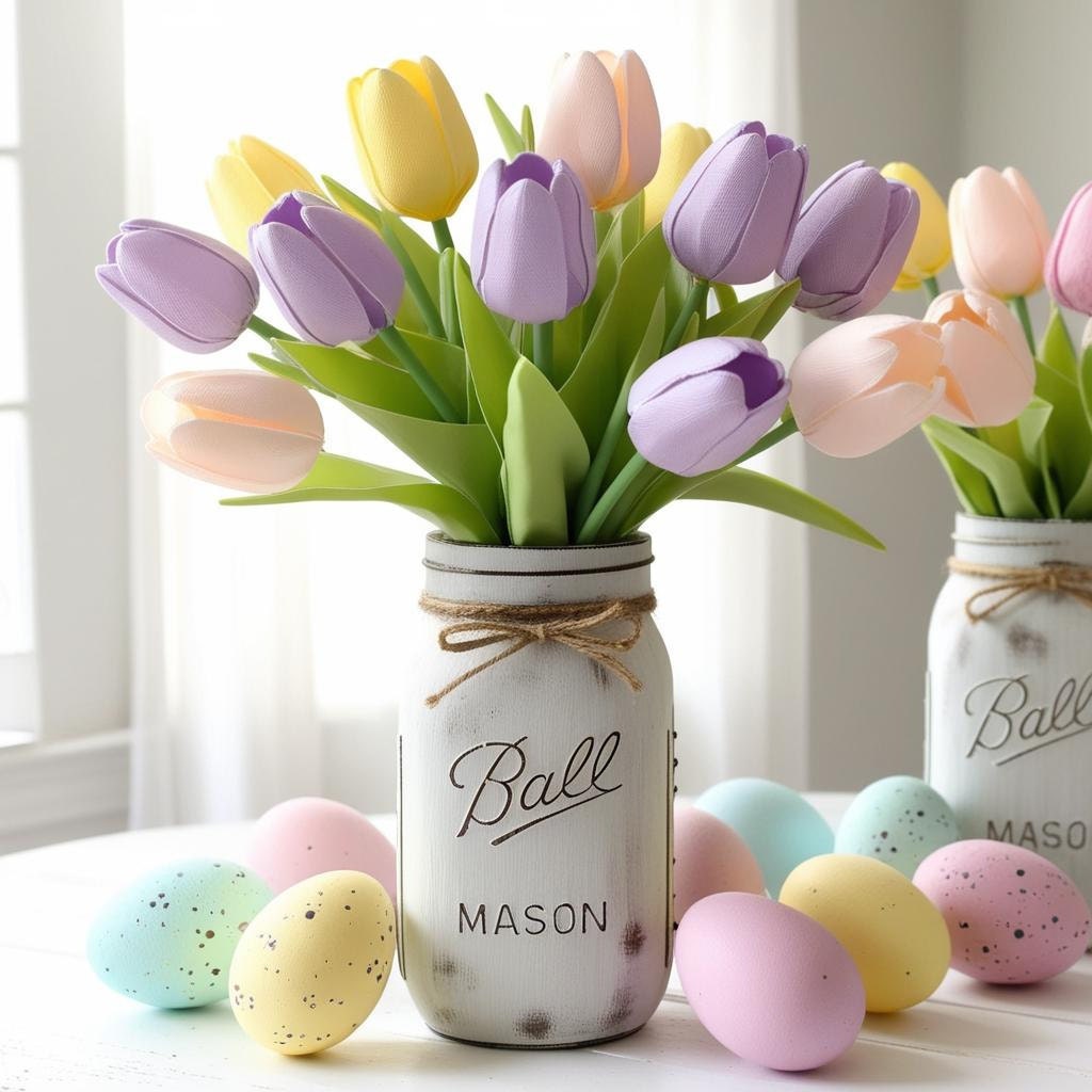 DIY pastel Easter centerpiece with faux tulips and speckled eggs arranged in a mason jar or dollar store vase.
