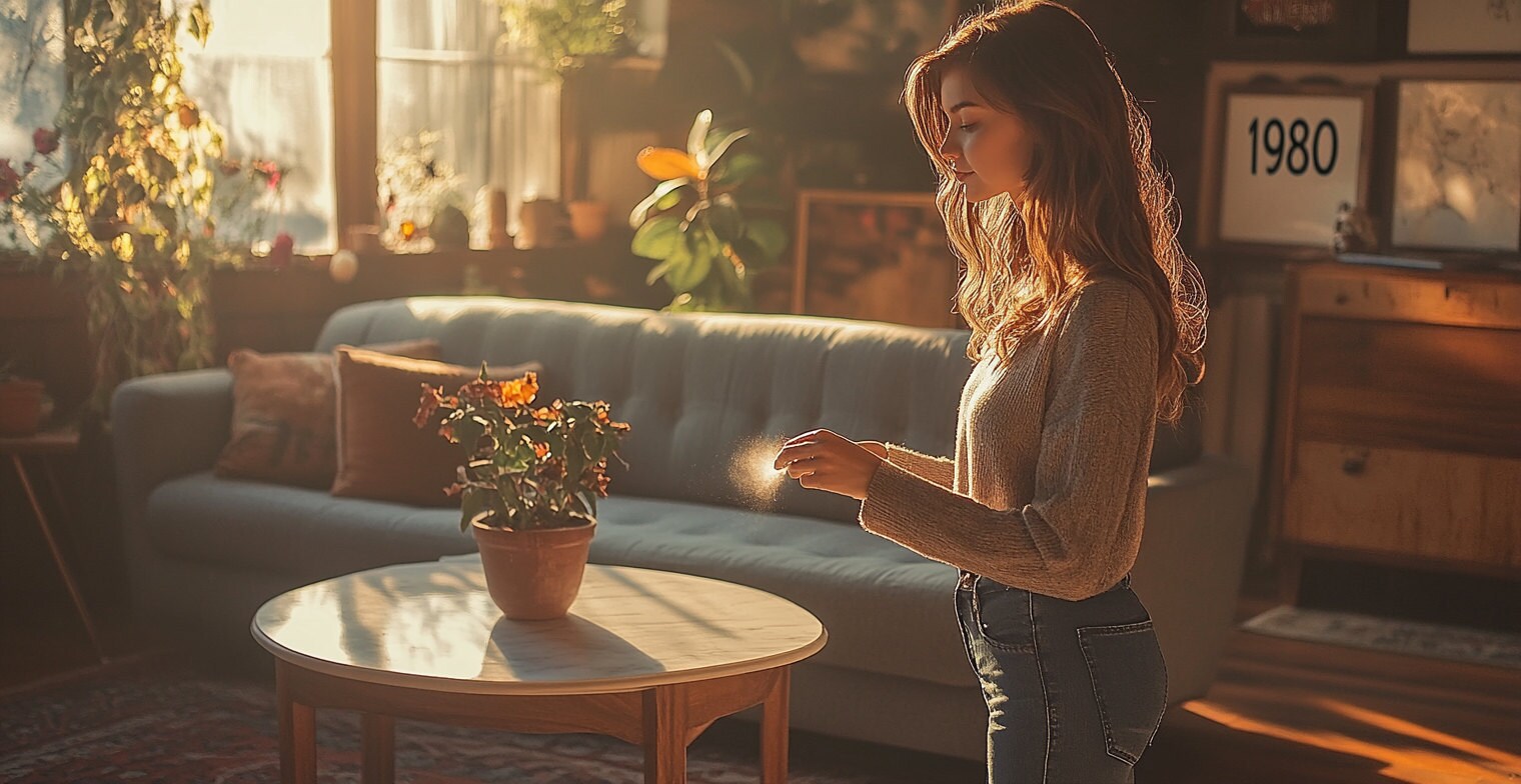 Living room with lush greenery, including potted plants and branches, adding a fresh and natural touch.
