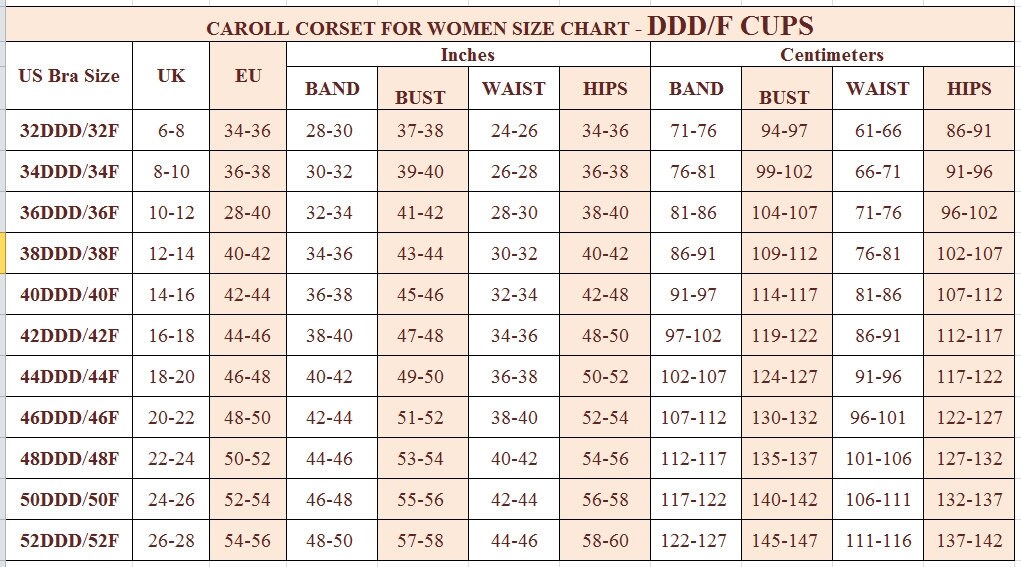 CAROLL CORSET FOR WOMEN US SIZE CHART DDD-F CUPS