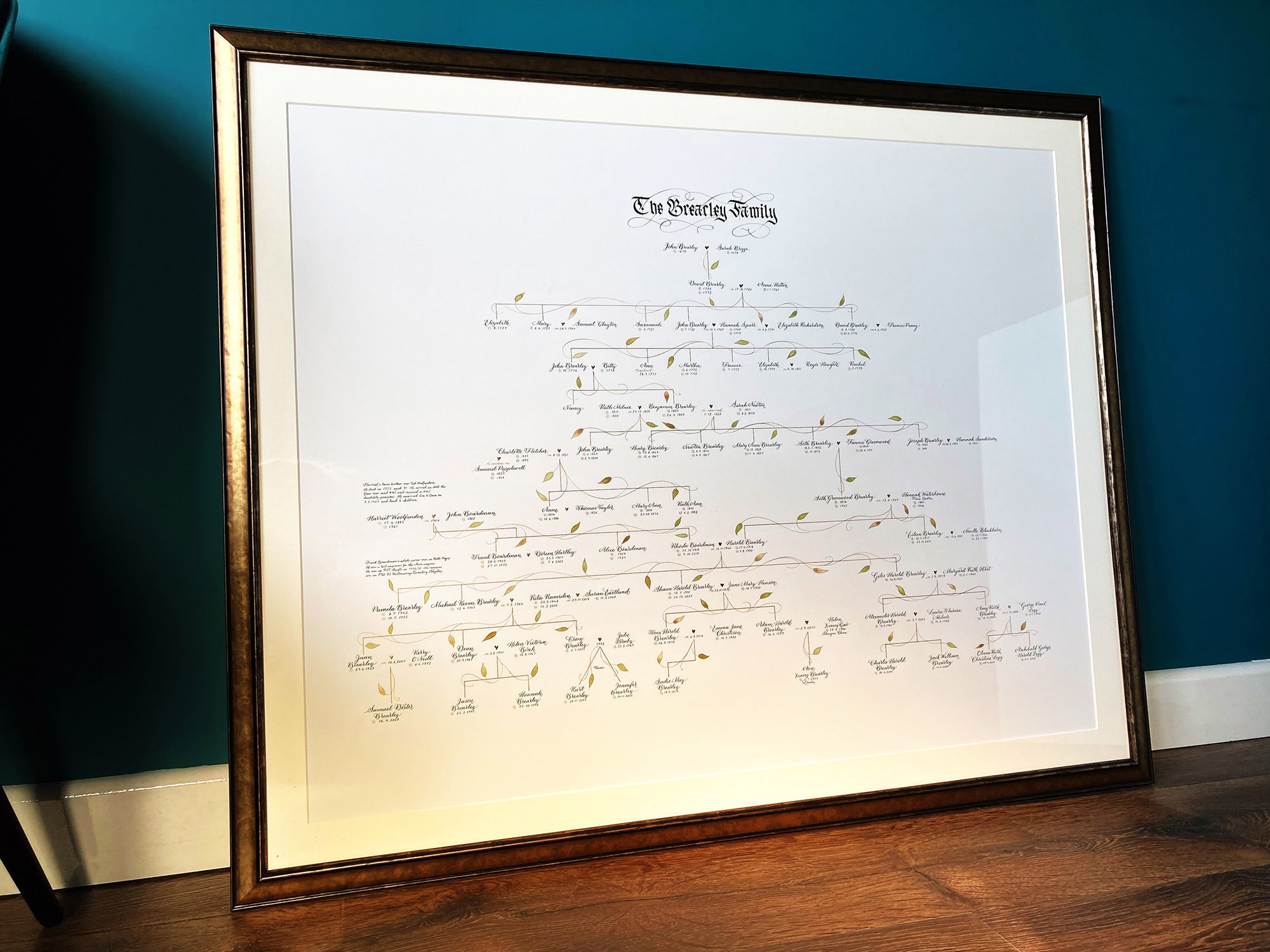 Large calligraphy family tree in a gold frame