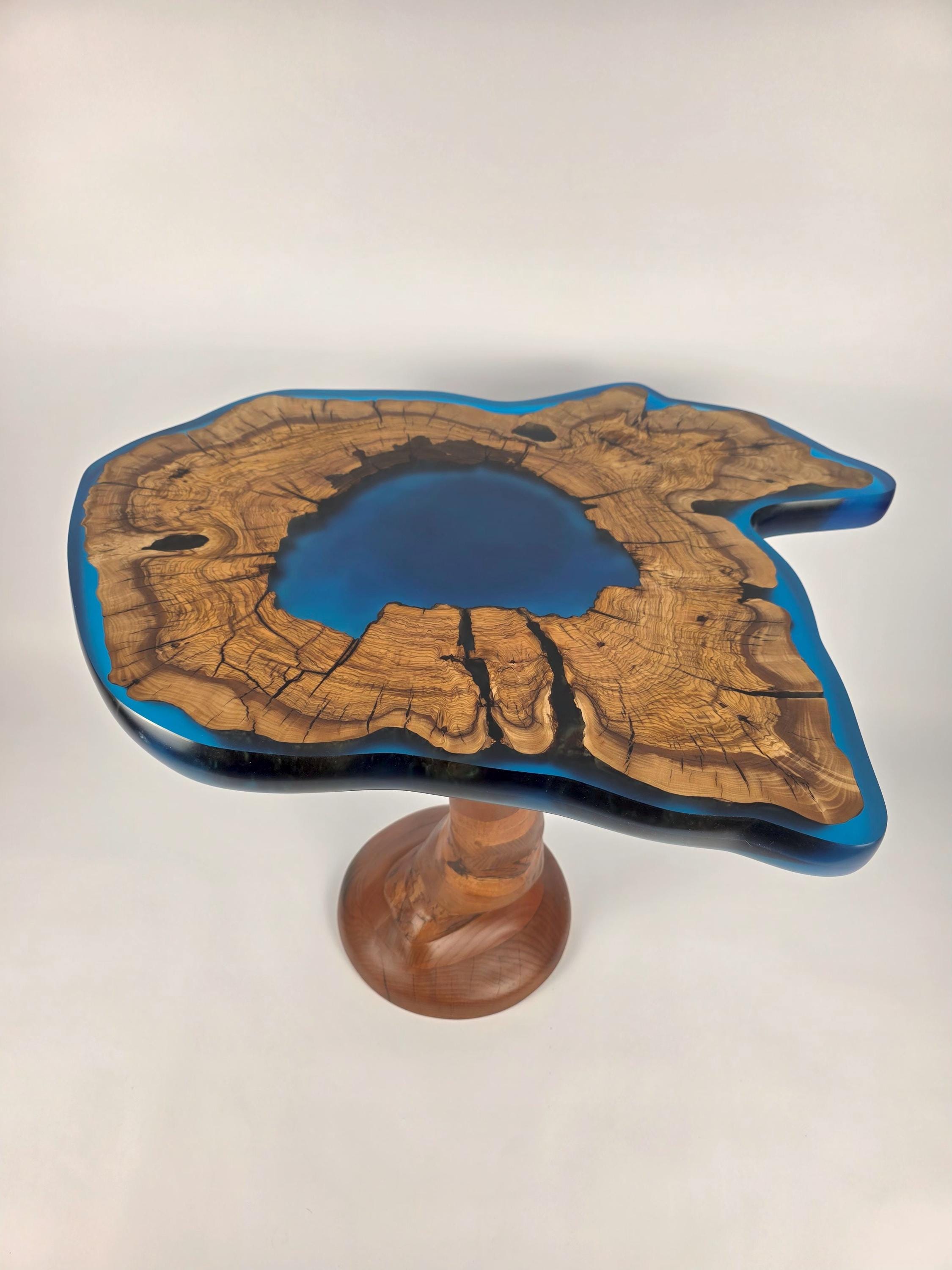 Live edge olive wood table, Blue epoxy resin table, Wood leg