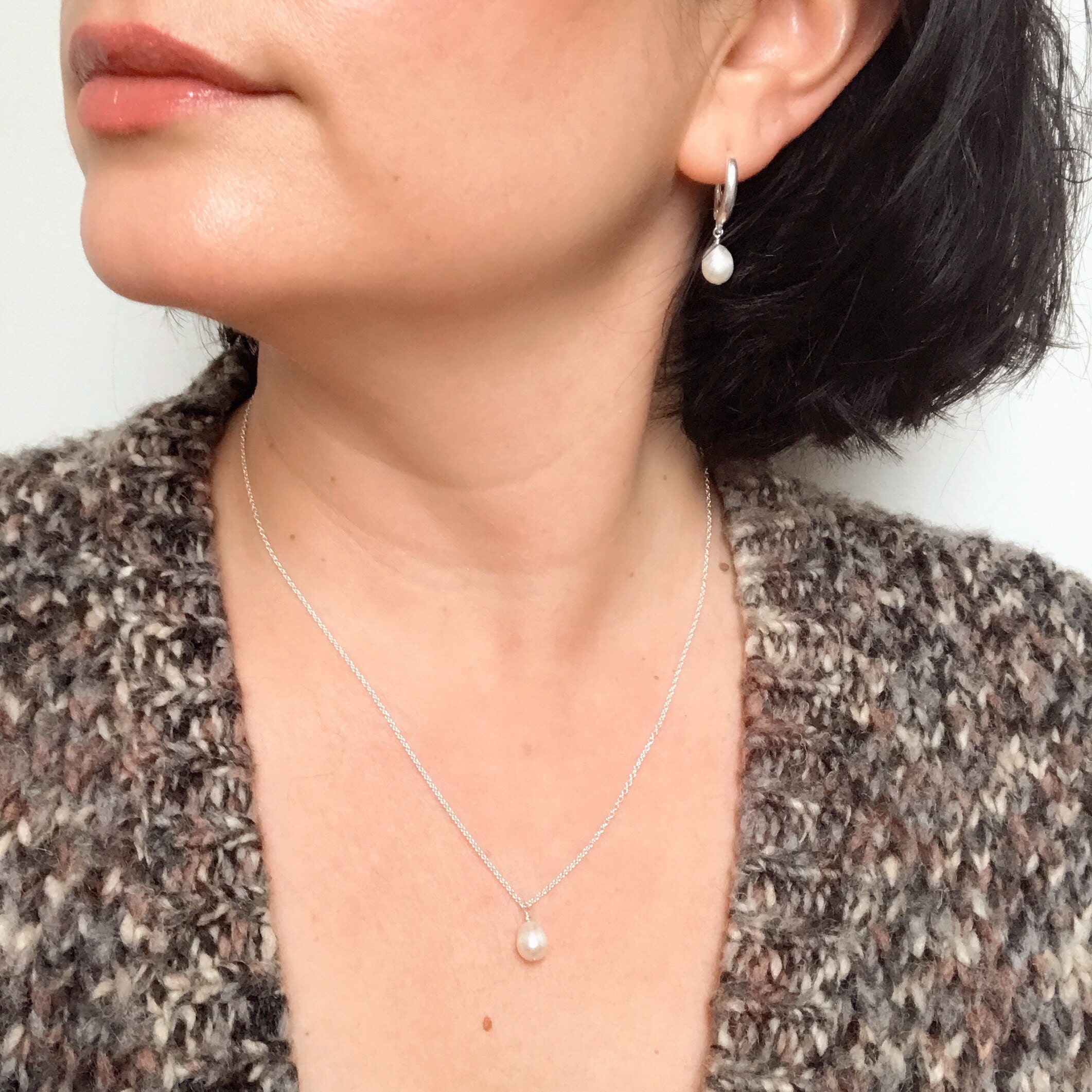 Pearl drop earrings and necklace by crescent & crow