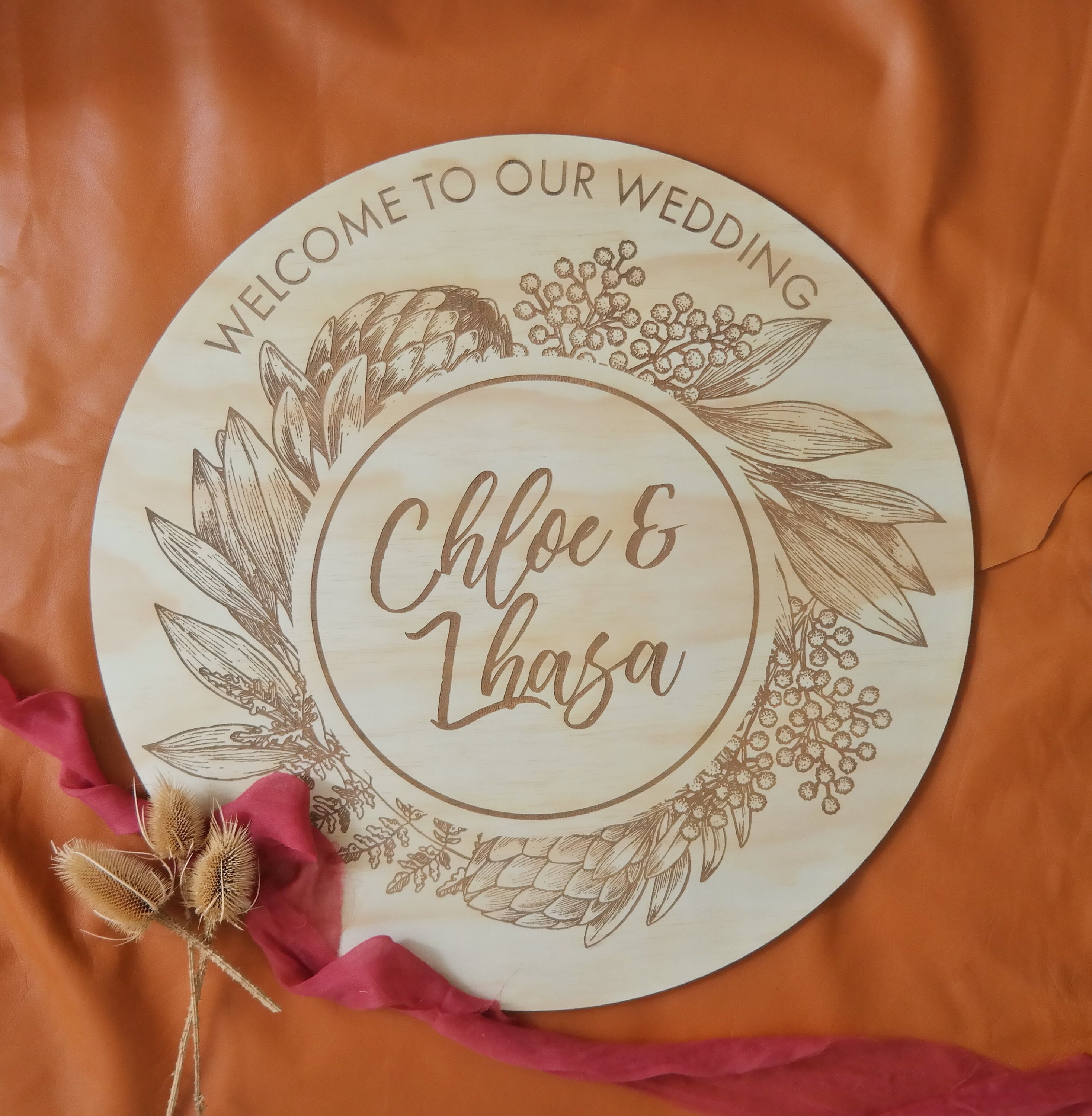 Wood Round wedding sign - Australian florals