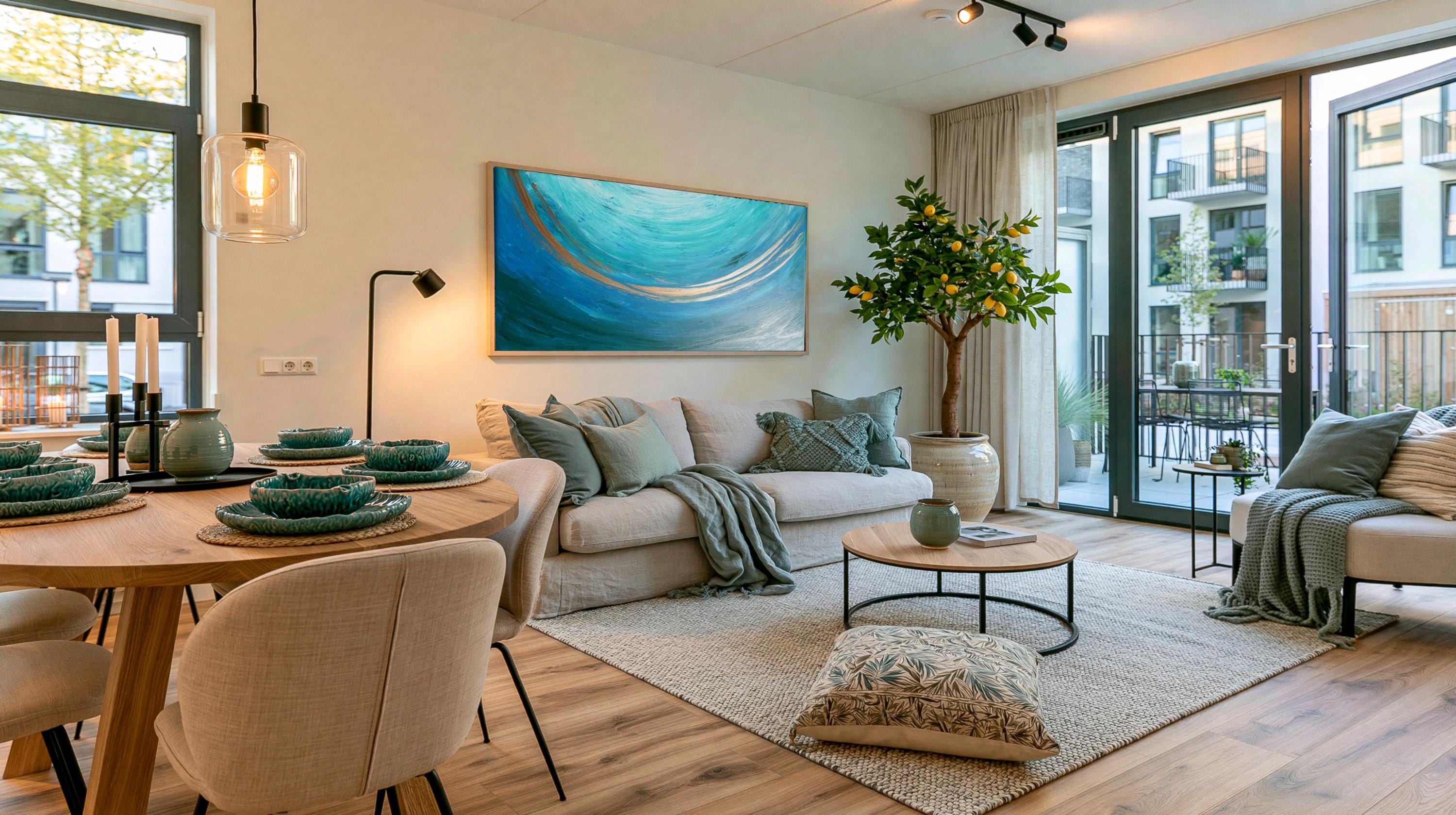Living room with turquoise Abstract painting A1463