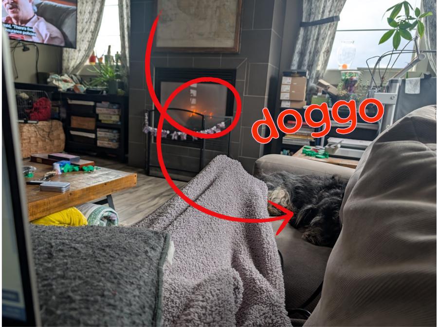 Scott the schnocker dog laying on a grey couch. There is a fireplace in the background, with a tv on, too. The author of this blog (Margie of Hayes Street Candle Company) is covered under a grey blanket, but you can make out the shape of her feet.