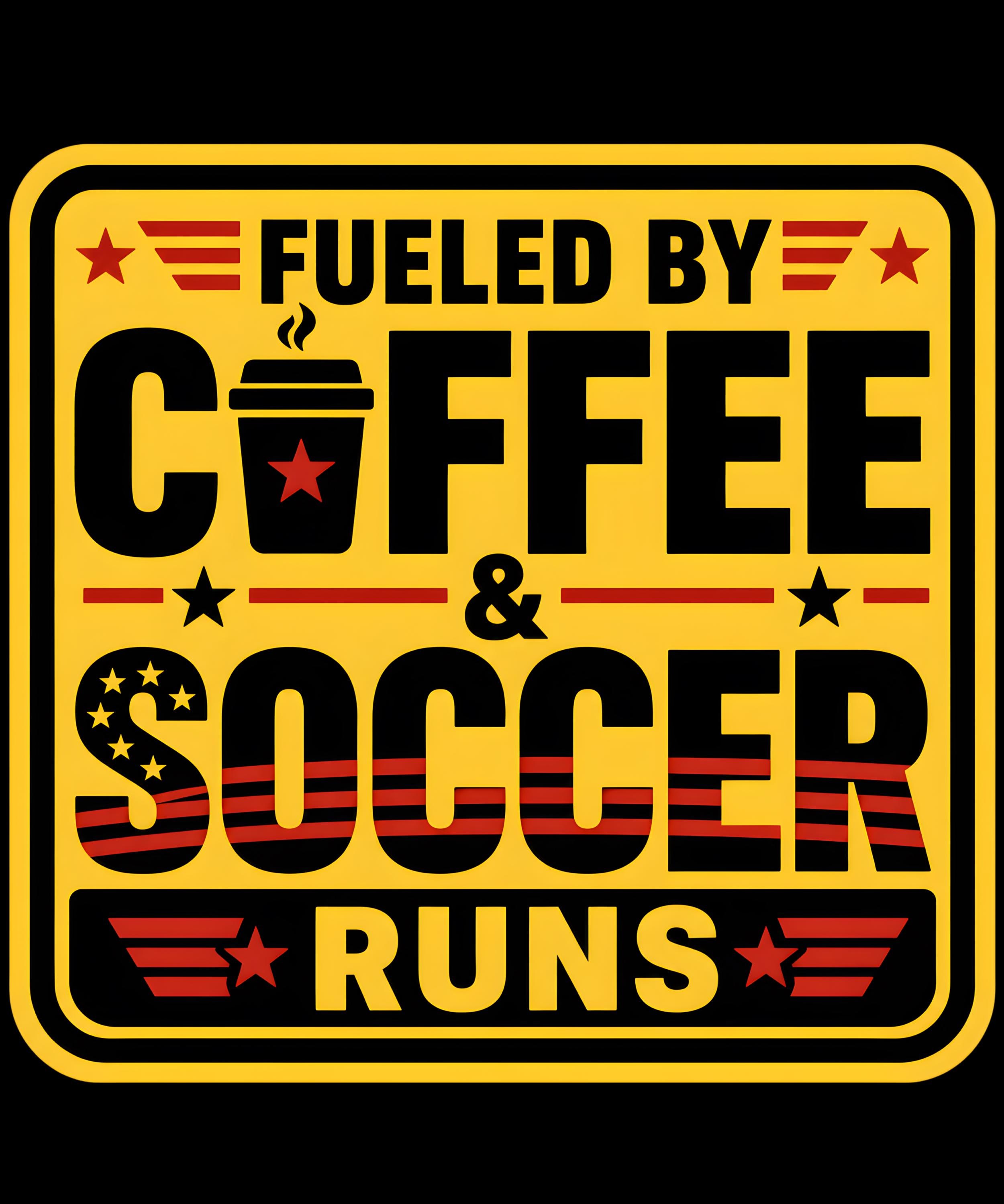 Fueled by Coffee and Soccer Runs car decal on rear window with bold yellow black design