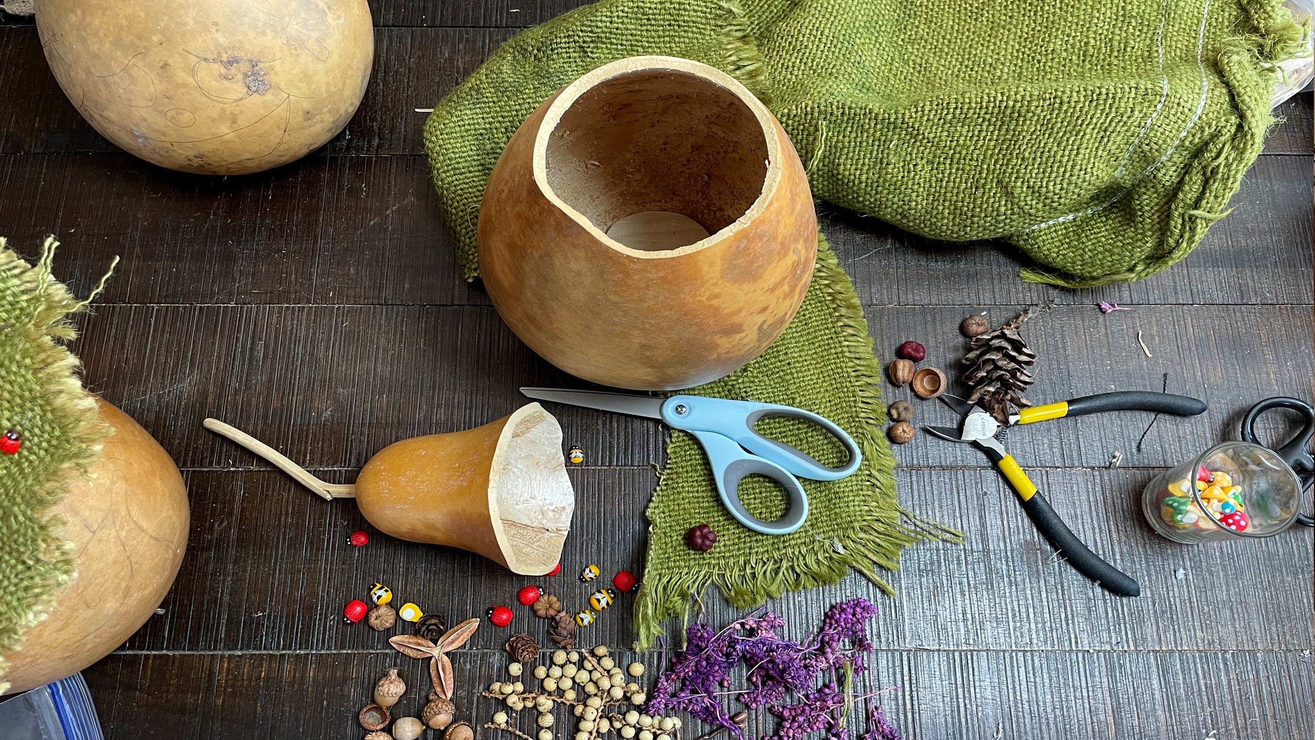 Image shows my work station with a dried gourd, the top removed and sitting nest to it. The supplies I need to make the gourd character laid out on my work table preparation.