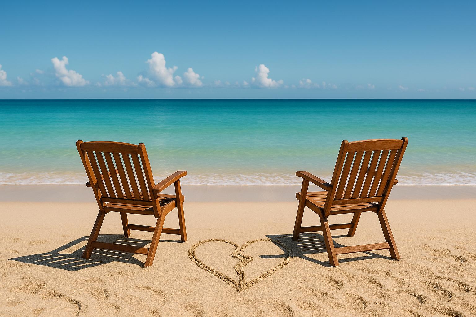 Summer divorce concept – two beach chairs separated on a sunny beach with a broken heart drawn in the sand.