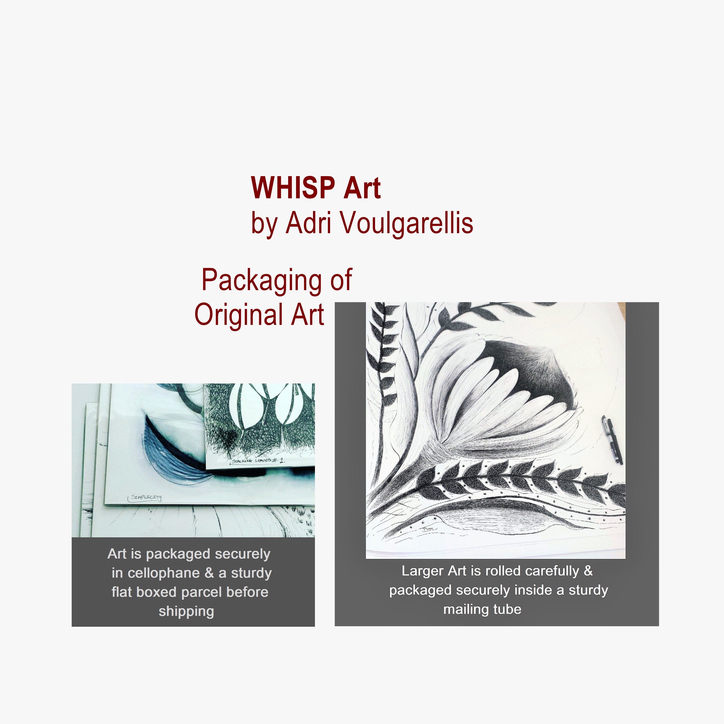 packaging of original art artist adri voulgarellis at whisp art