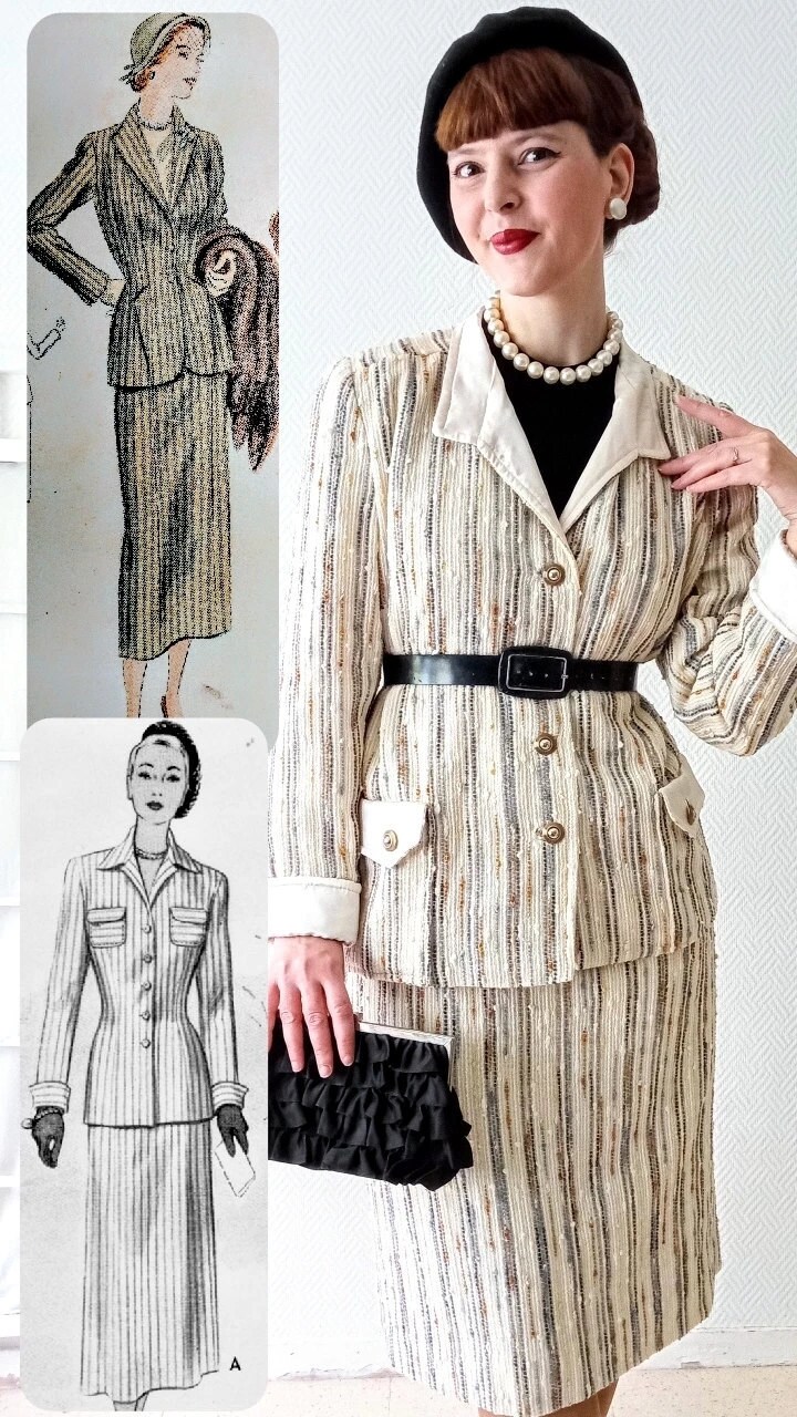 femme-tailleur-tweed-rayure-retro-annees-50-fifties-pinup