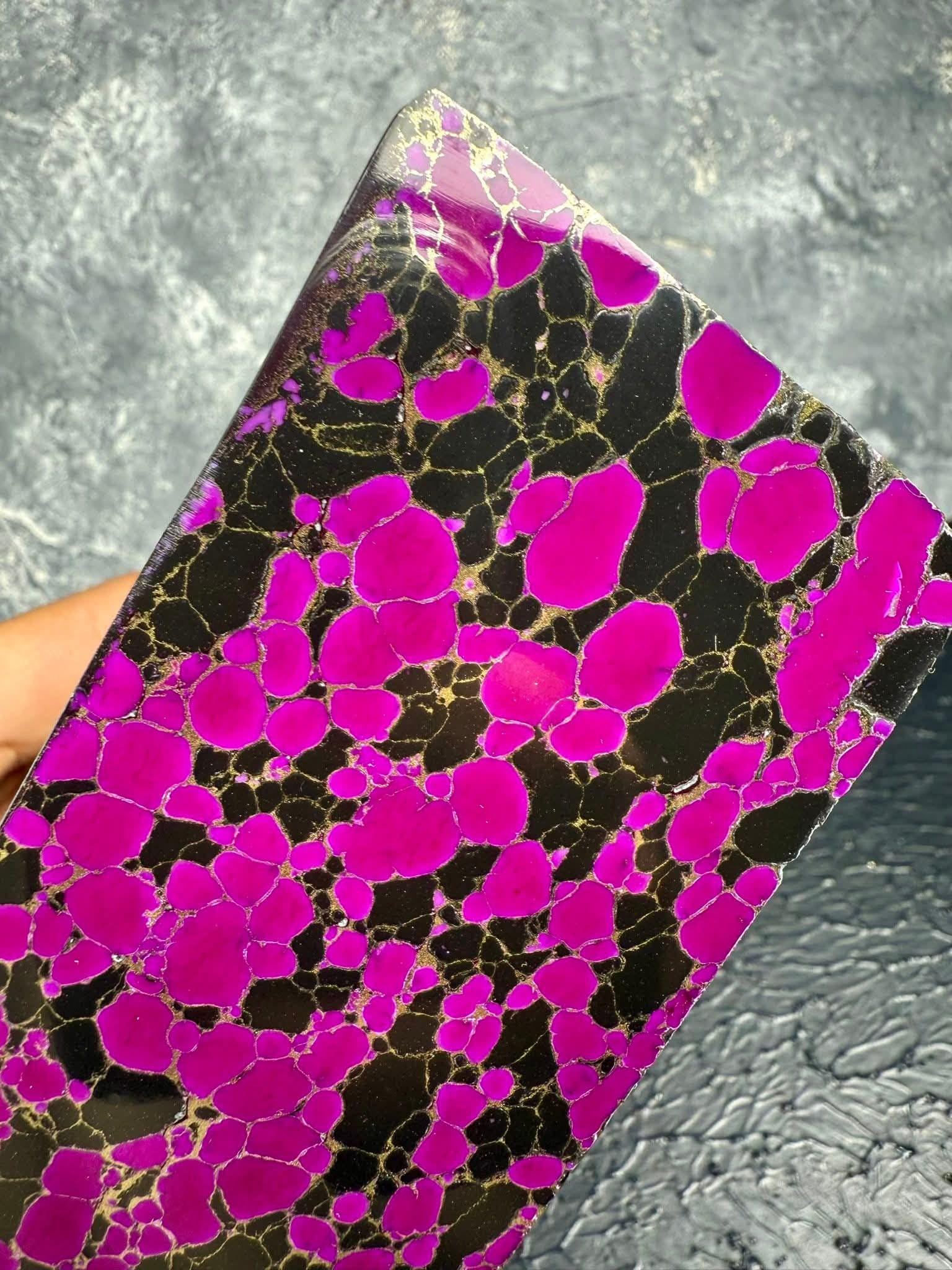 “Purple and magenta composite stone with gold cellular pattern by Mohit Impacts, artistic faux gemstone block for designer craft projects.”