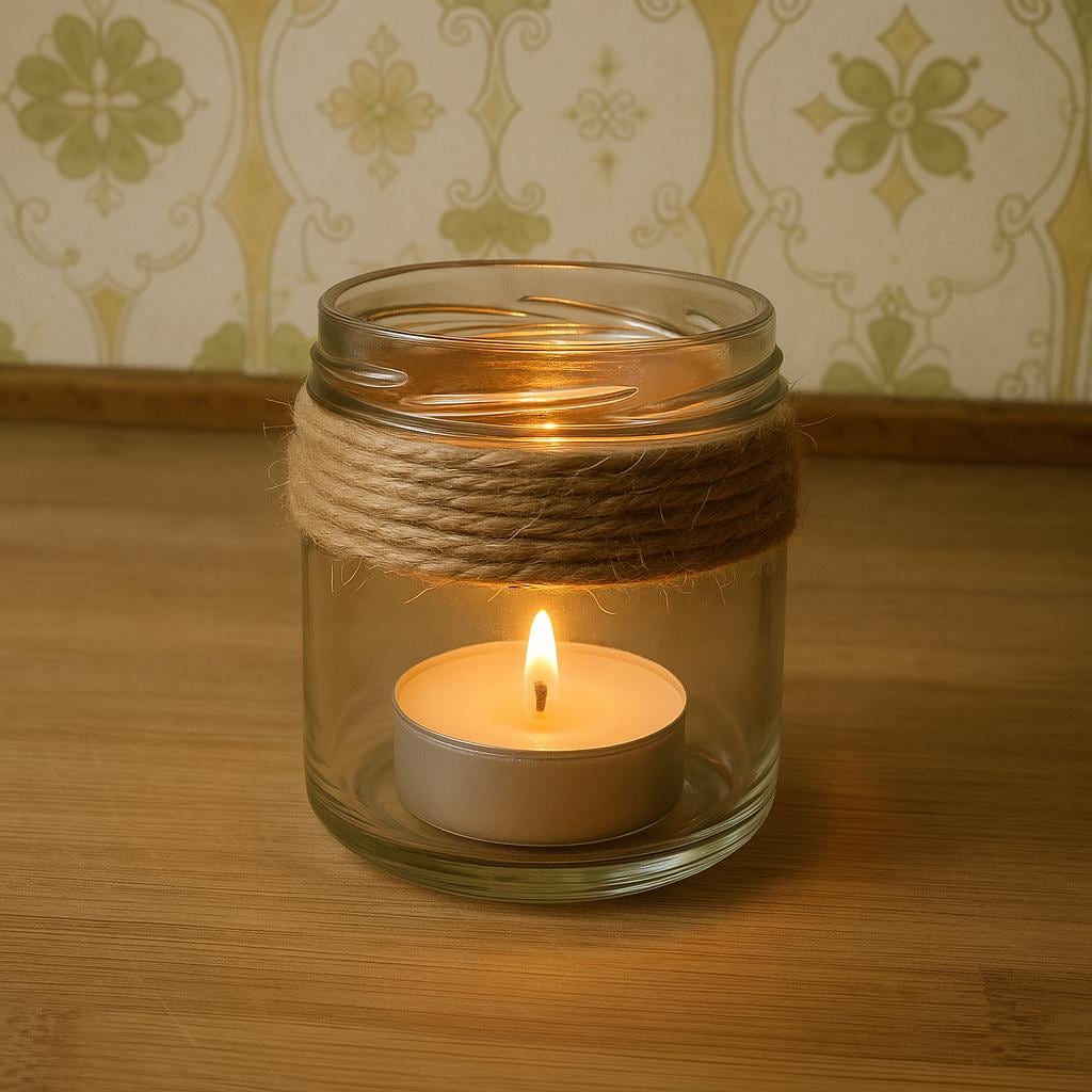 Porta-velas Coloque uma vela pequena dentro (tipo rechaud). Pode decorar o vidro com renda, fita ou tinta fosca.