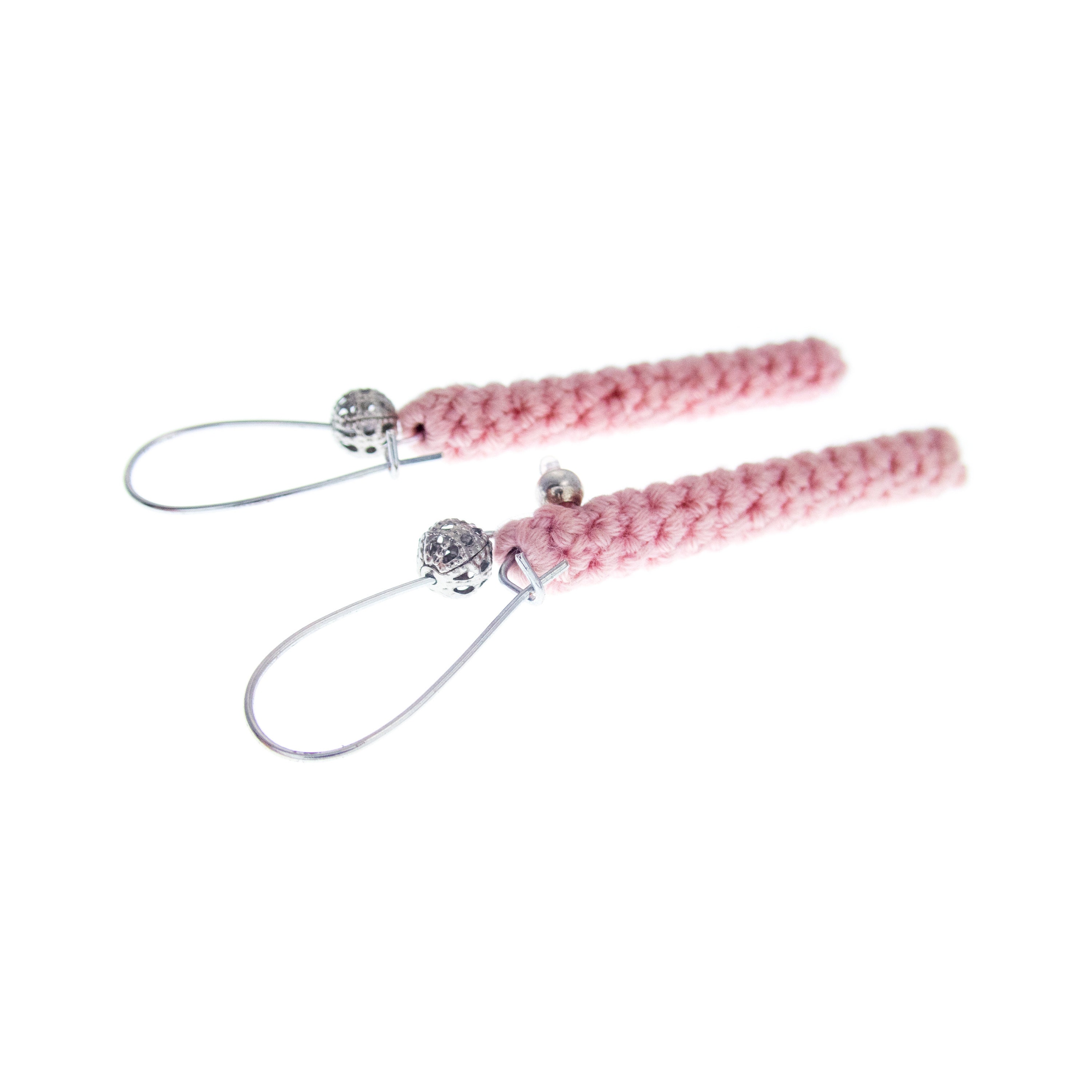 handmade pink crochet bar earrings dangle