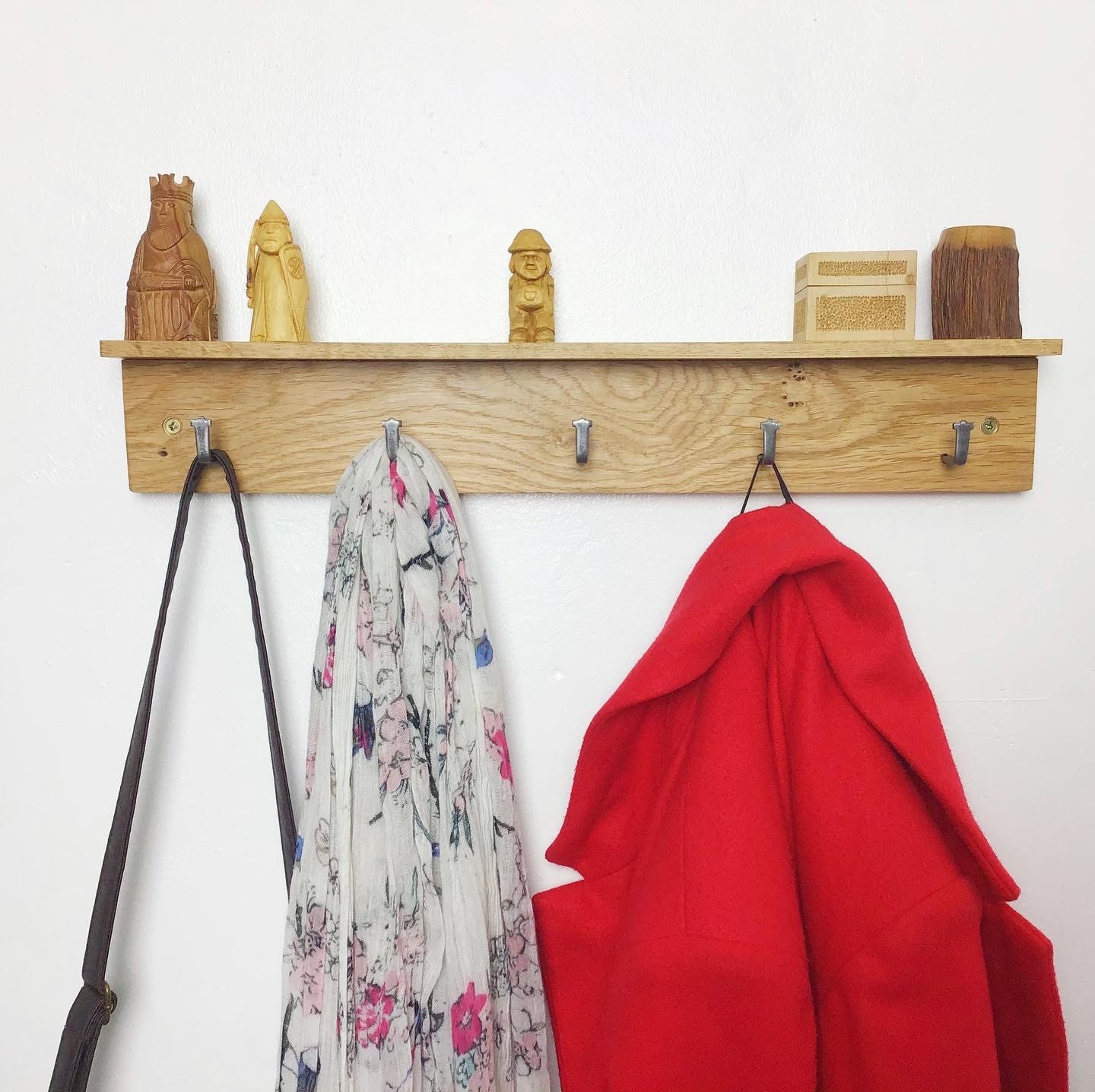 50cm long Coat rack with 5 hooks and shelf - by gorlech UK