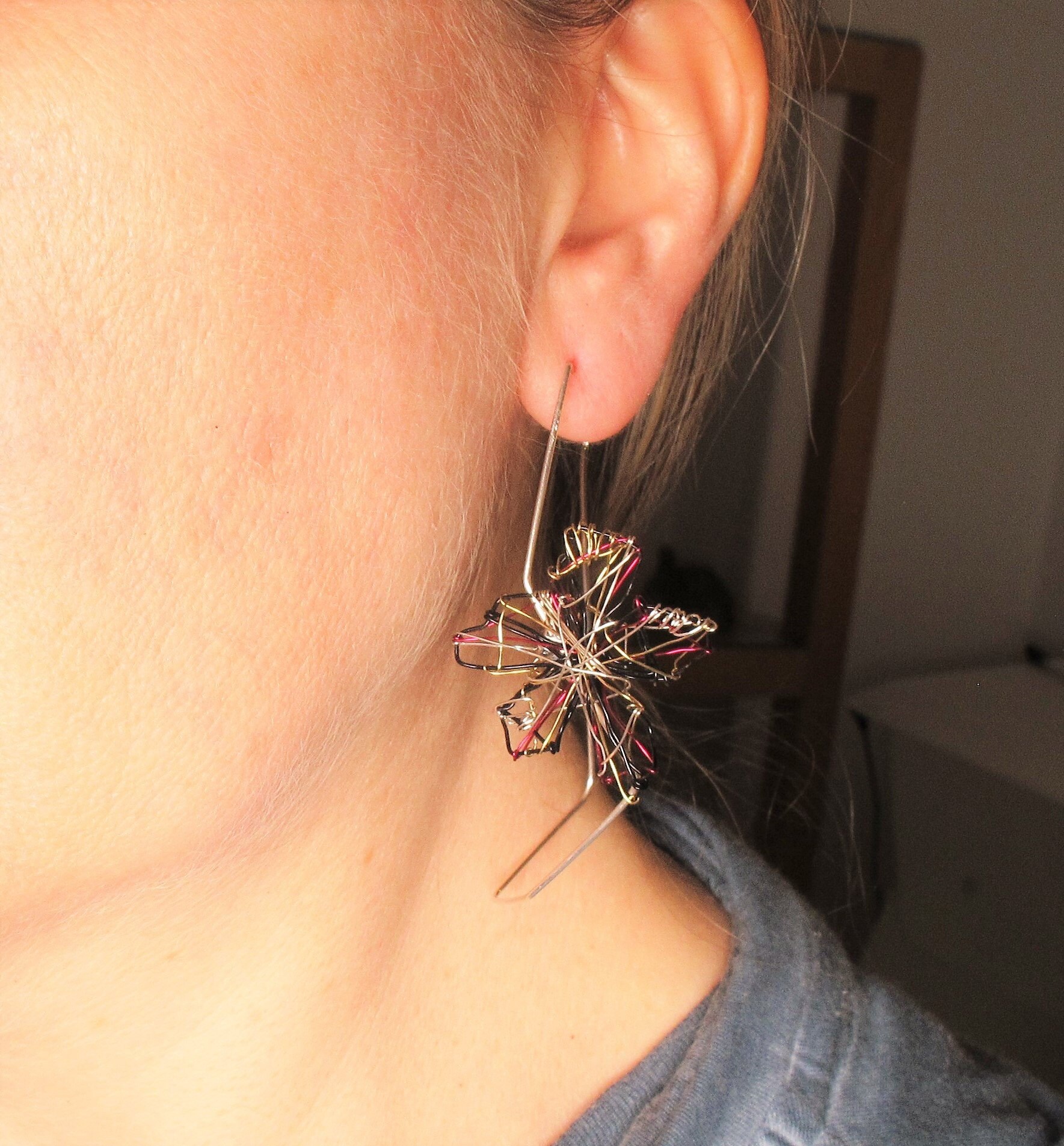 Art earrings, large silver hoops, flower earrings