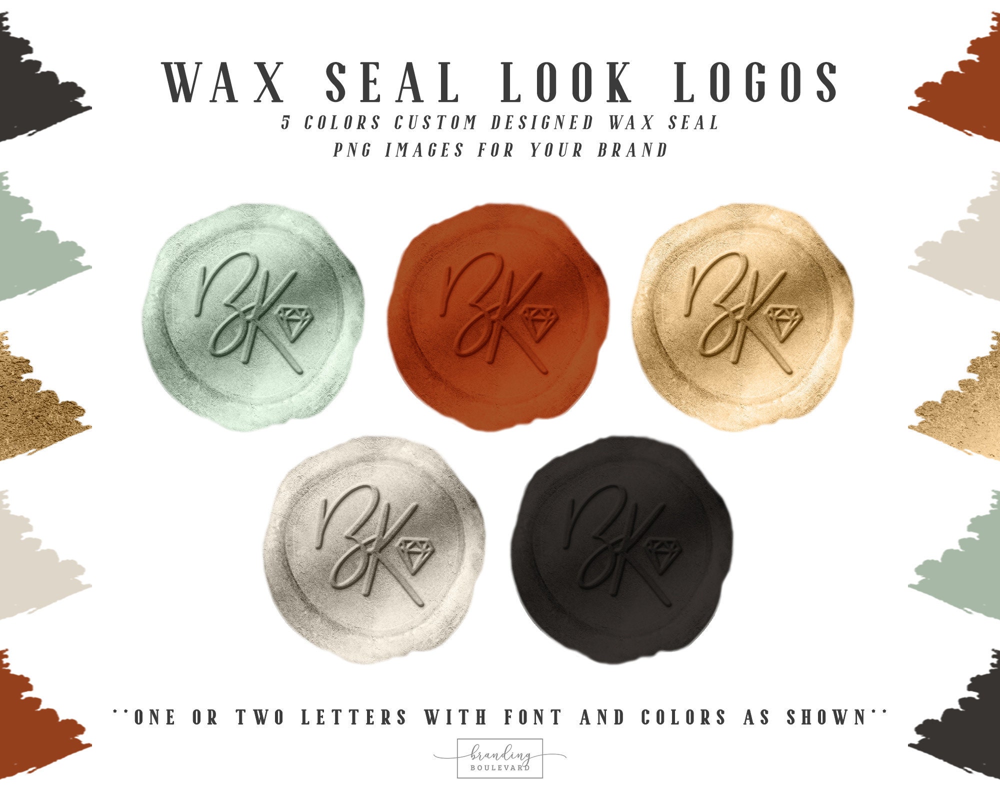 Wax Seal Look Logos - From the Bella Knight Collection in the 5 colors shown - Get them customized with your initials!