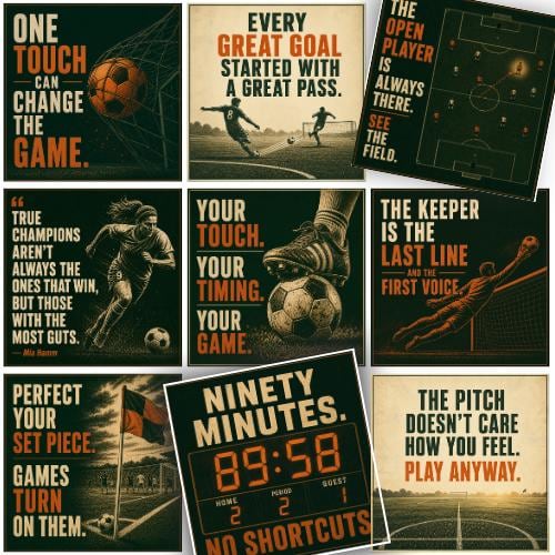 Retro collage of nine soccer encouragement cards showing players, a goalkeeper, ball, goal, pitch diagram and scoreboard, with messages about skill, teamwork, courage and persistence.