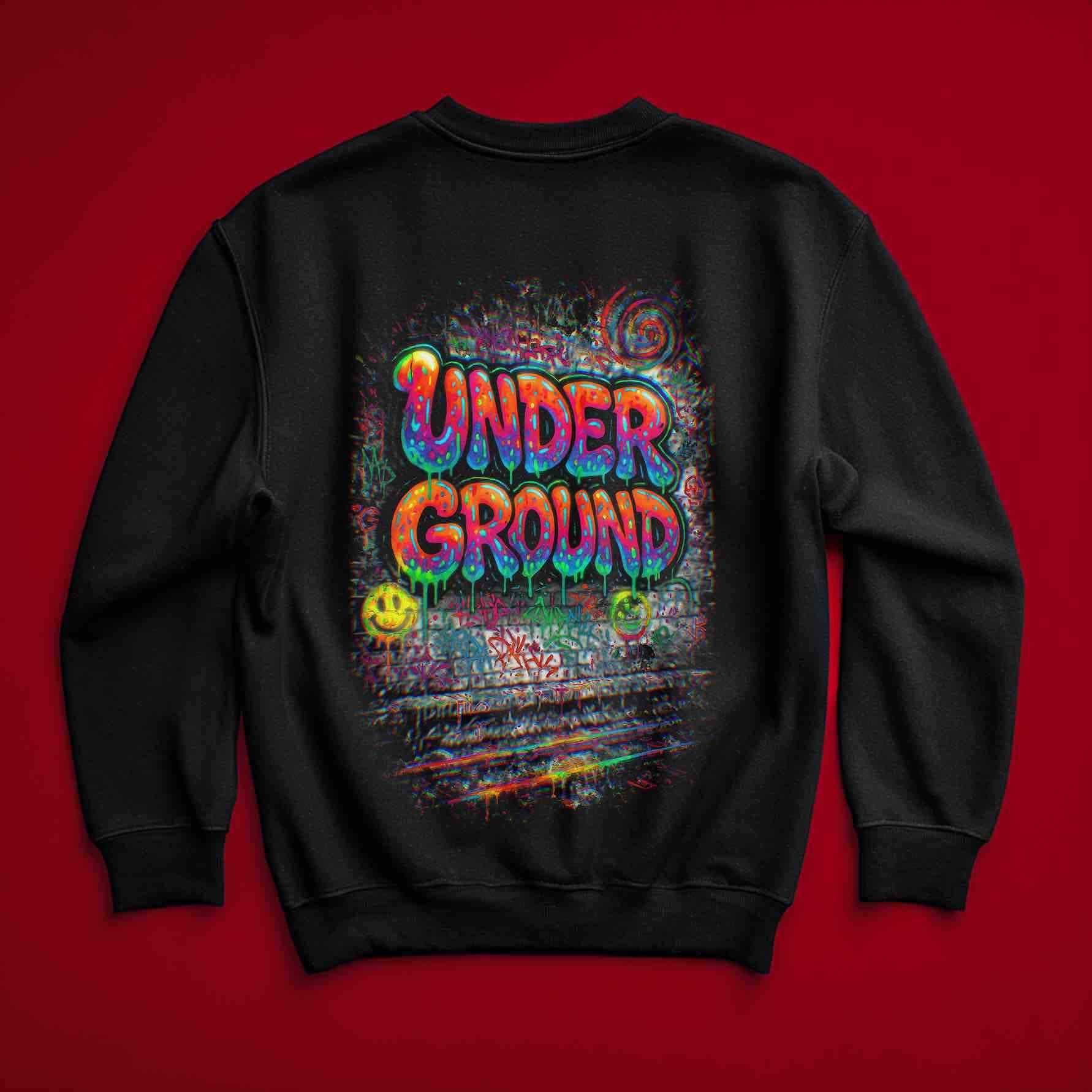 Black crewneck sweatshirt flat lay with ‘UNDER GROUND’ neon graffiti and track splatters—urban streetwear for rave nights.