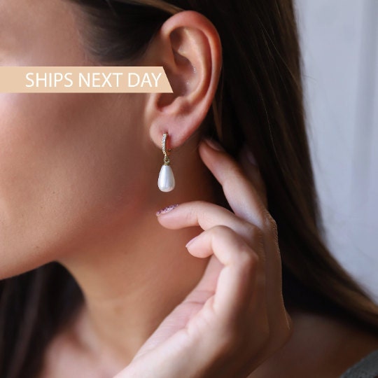 Pearl Huggies Earrings with CZ Diamonds Hoops