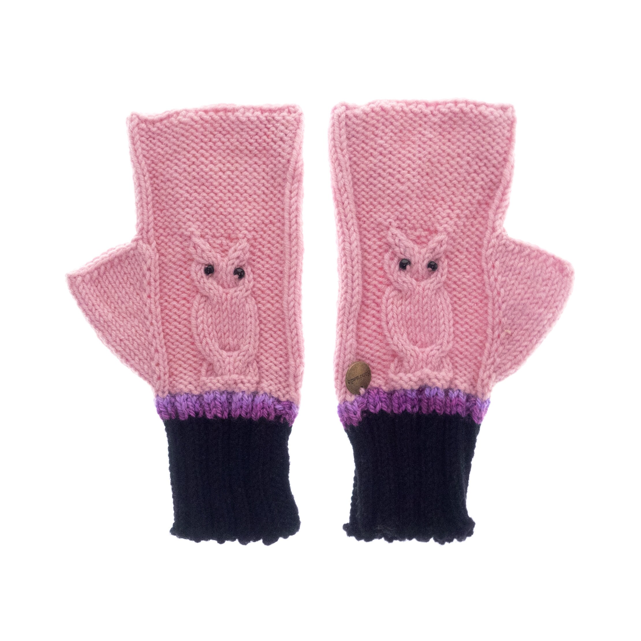 Crochet Mittens Fingerless Gloves Pink Owls