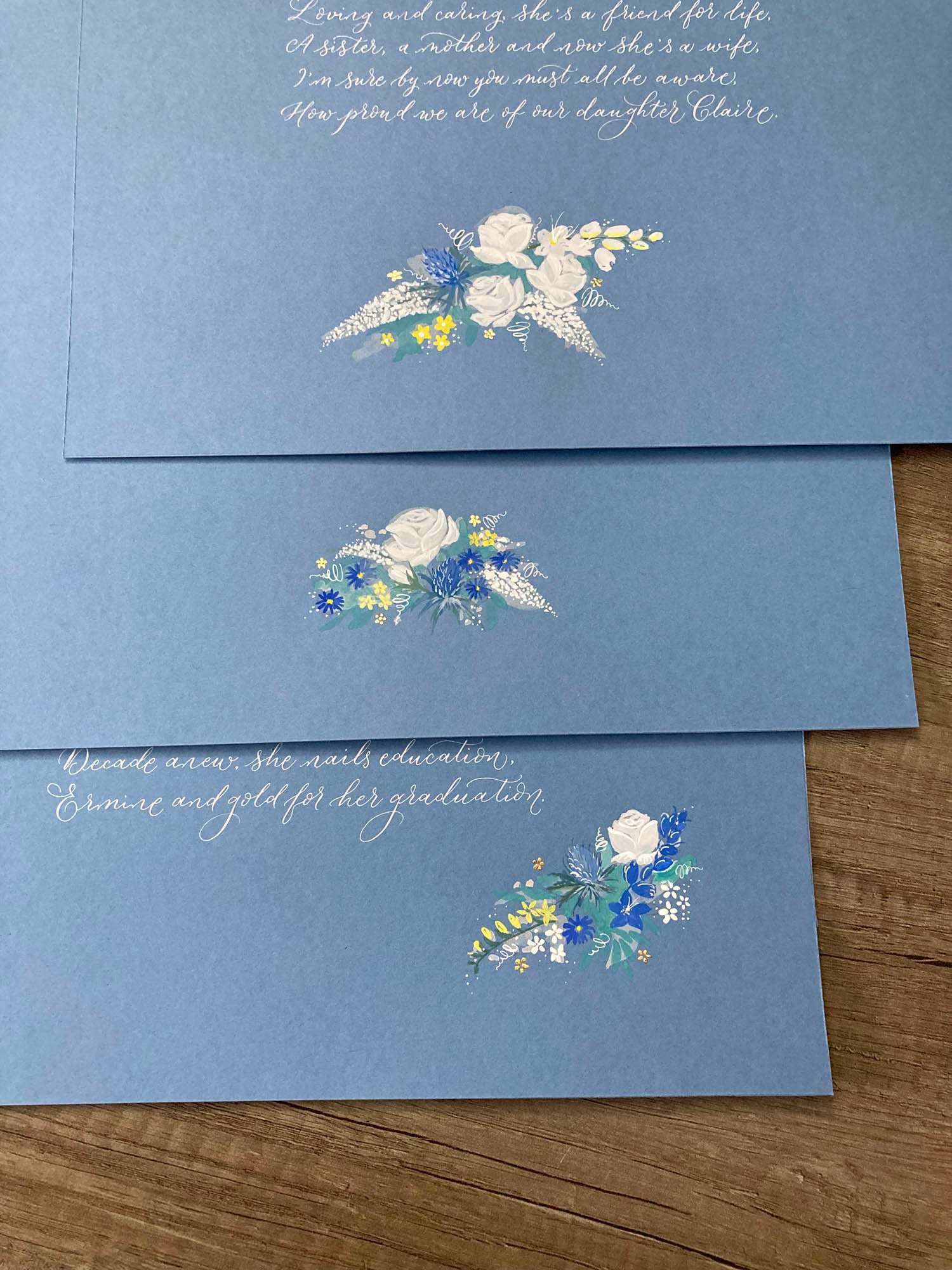 Set of 3 calligraphy poems with floral illustration. By Moon and Tide