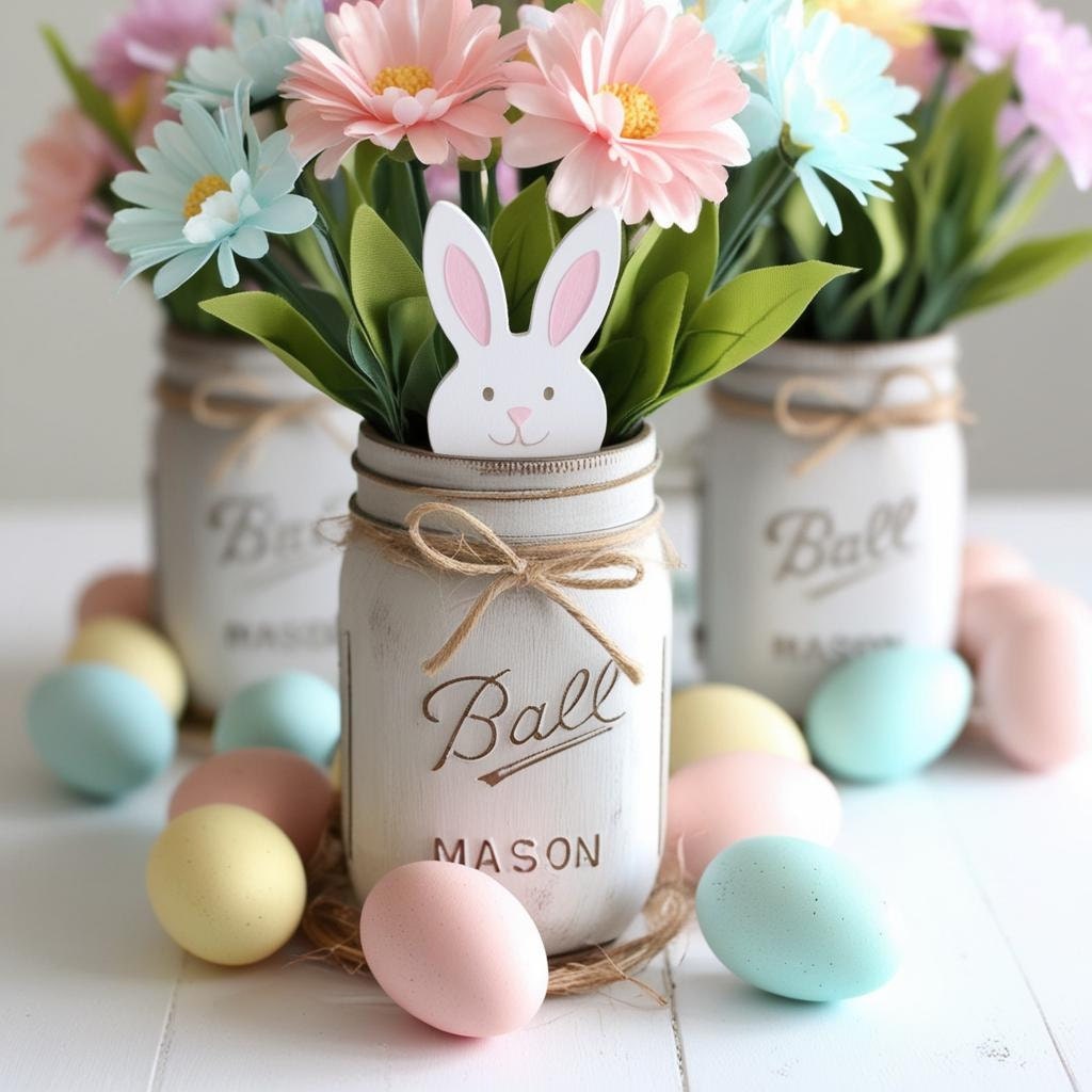 DIY faux flower Easter centerpiece in mason jar with printable bunny cutout and pastel eggs around it.