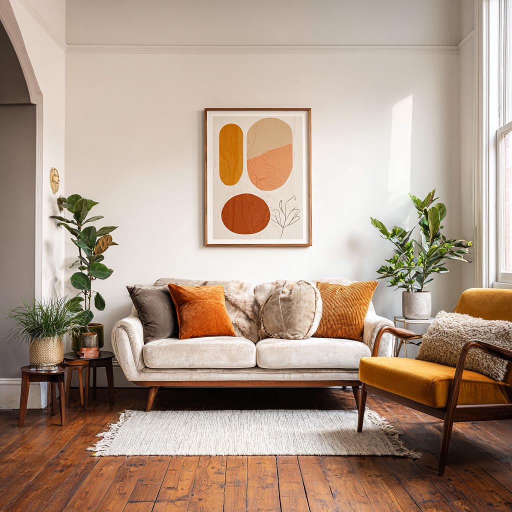 A mustard chair in a modern vintage inspired living room with abstract art