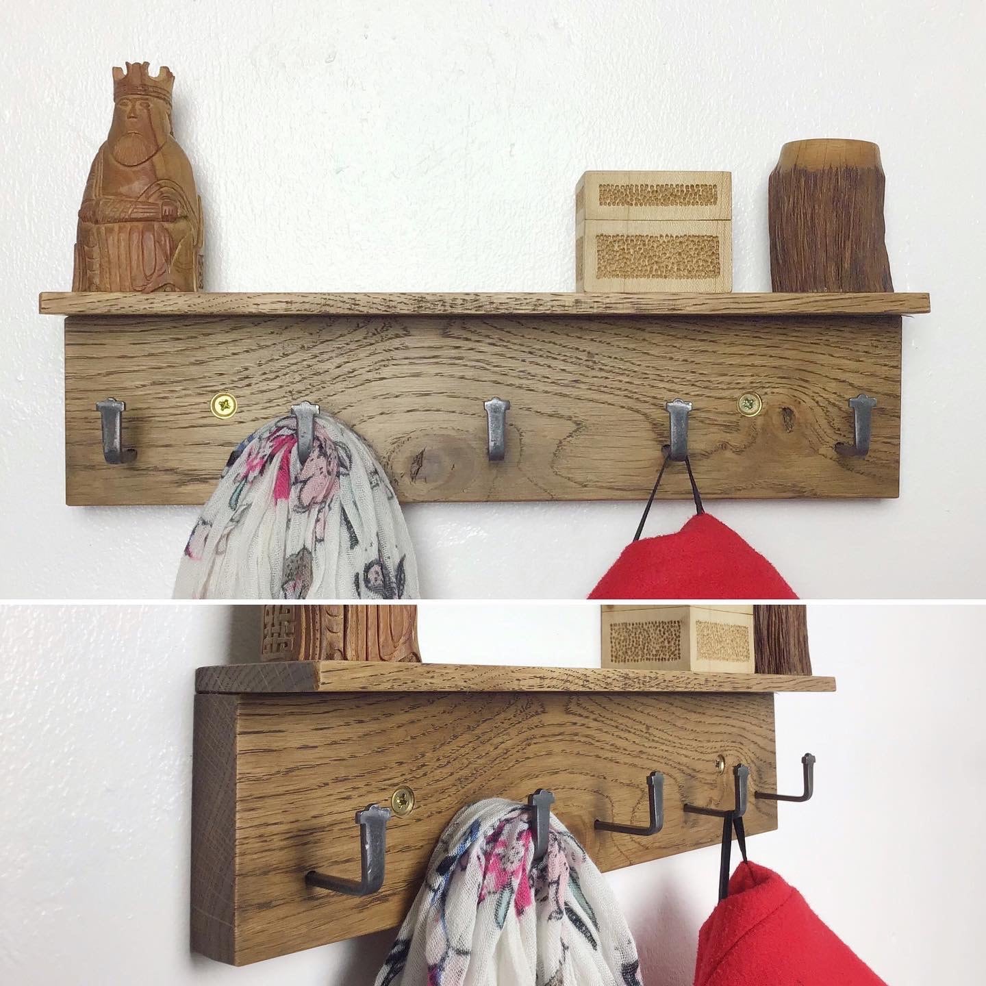 MICRO Coat Rack - dark Oak wood stain - 33cm wide but 5 metal hooks - made in Wales UK