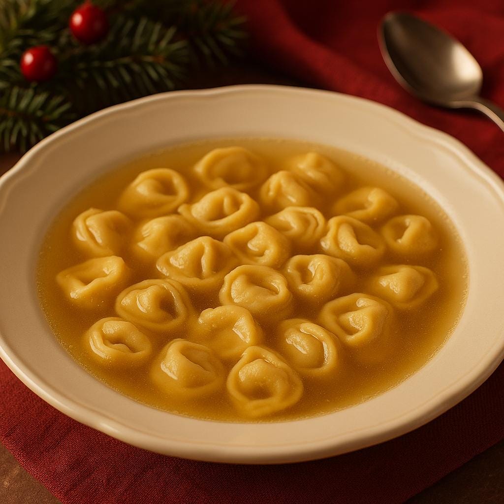 Cappelletti in Brodo – Massinha recheada servida em caldo quente, típica da Emilia-Romagna.