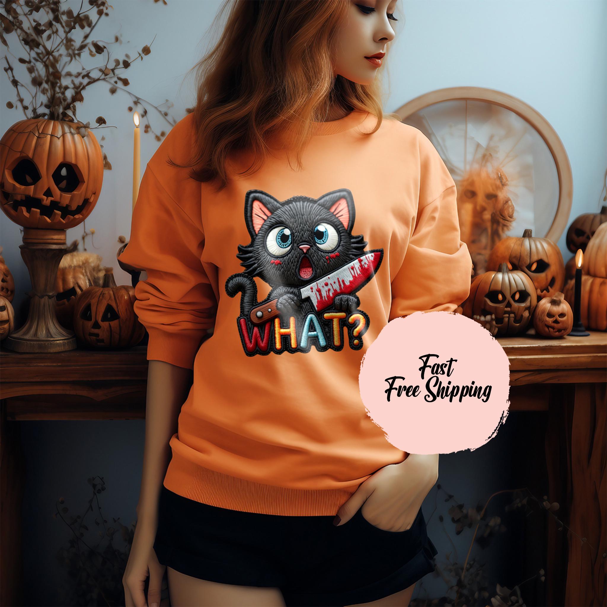 Black Cat Womens Halloween Shirts – Funny Cat What Hoodie – Spooky Witchy Sweatshirt – Gothic Cat Lover Gift