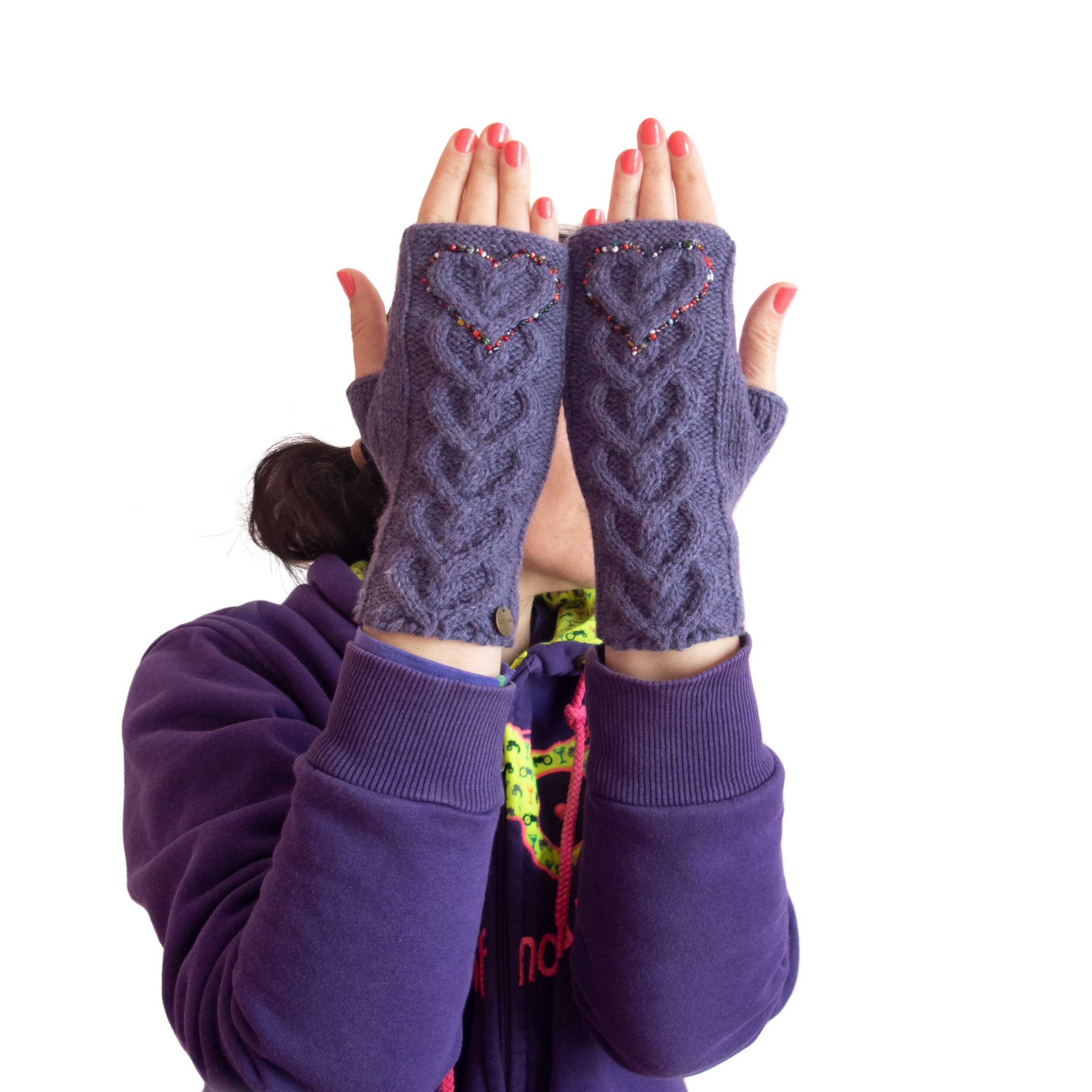 Gloves Love Design, Winter Mittens Fingerless Purple