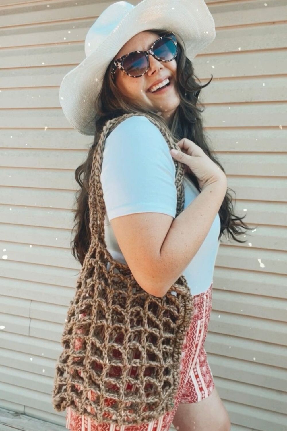 Taylor Bento wearing a Crochet Jute Tote Bag