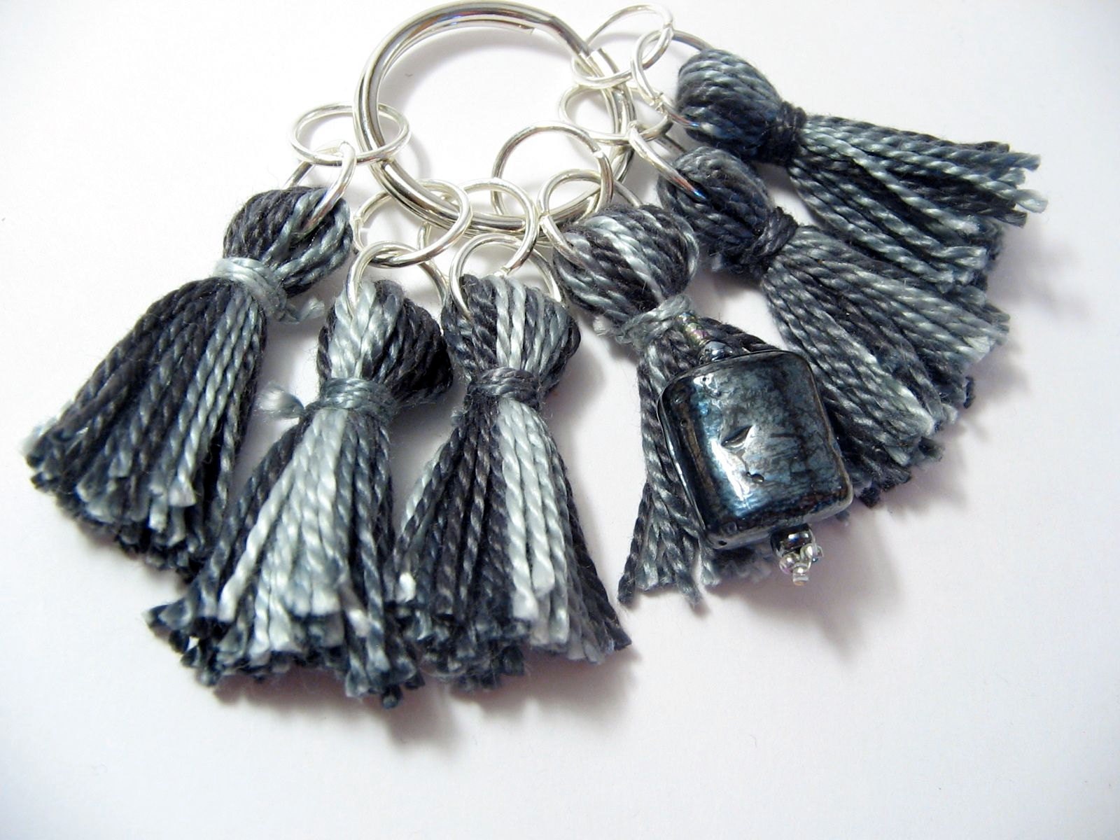 Dark gray striped (variegated) stitch marker set (with beaded row marker) from Lizbeths Garden