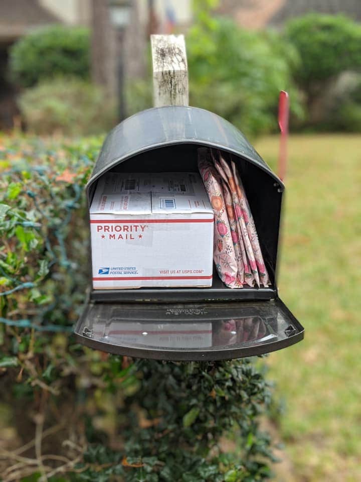 fabric packages being shipped from my home studio mailbox