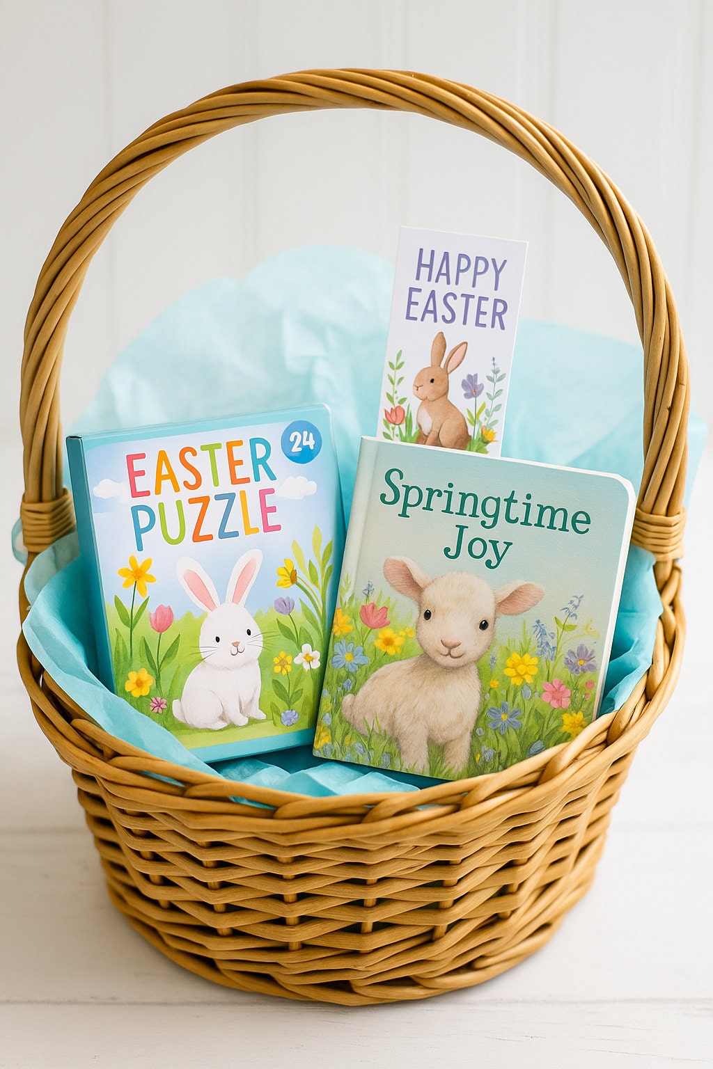 Wicker Easter basket filled with a 24-piece bunny puzzle, spring-themed board book, and printable Happy Easter bookmark—ideal for non-candy Easter basket stuffers for toddlers and young kids
