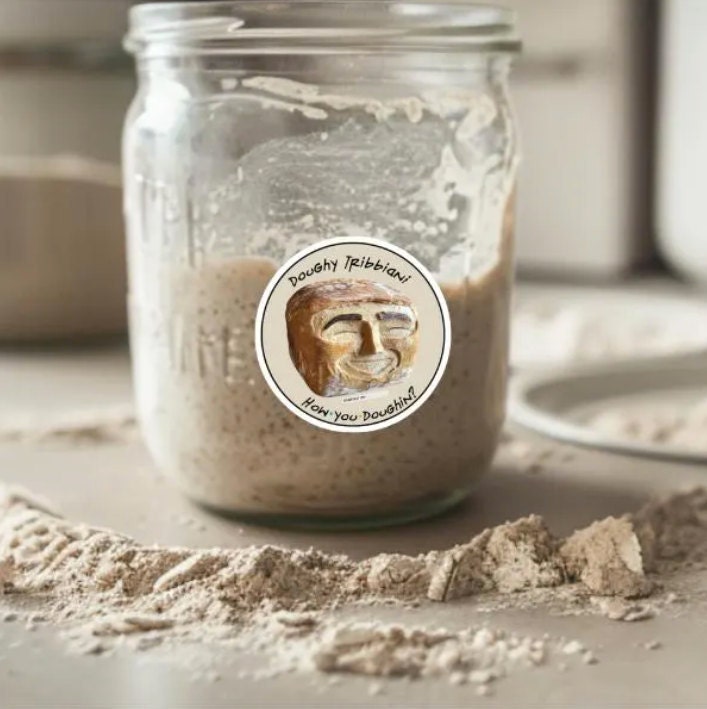 A glass jar filled with sourdough starter, featuring a humorous “Doughy Tribbiani” sticker with a smiling face and the text “How you Doughin’?” The jar is placed on a countertop with flour scattered around it, creating a rustic baking scene.