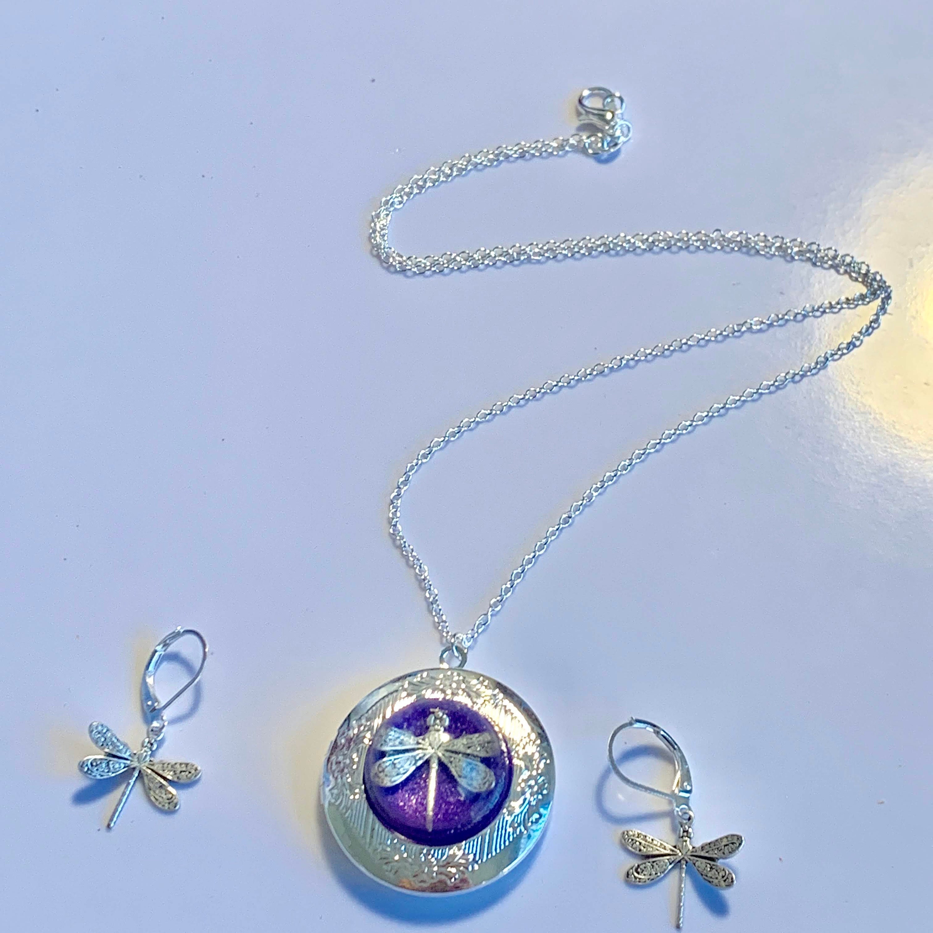 Purple Dragonfly Locket with Matching Earrings