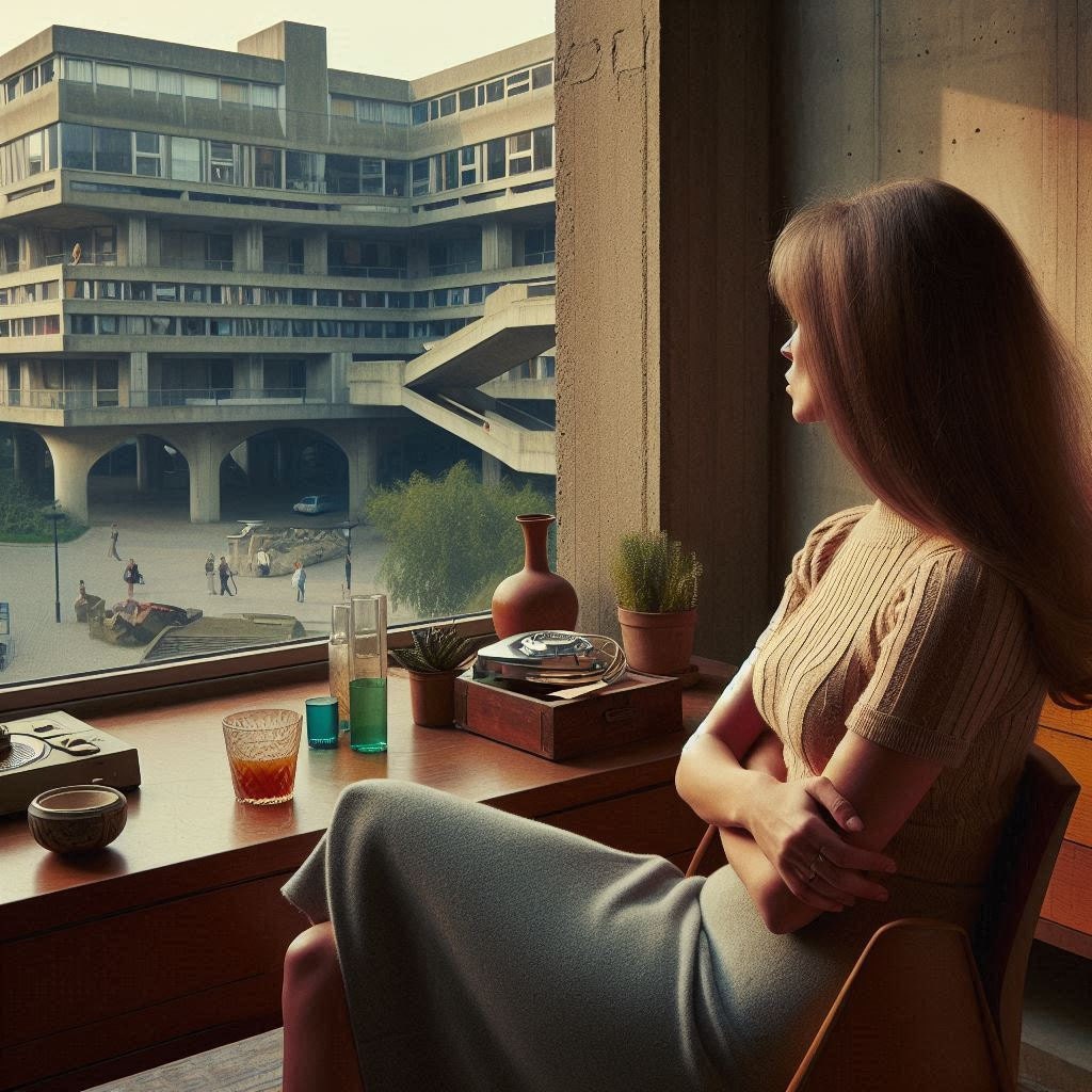 a brutalist style woman in dull clothing looking out of her dull house at dull concrete buildings