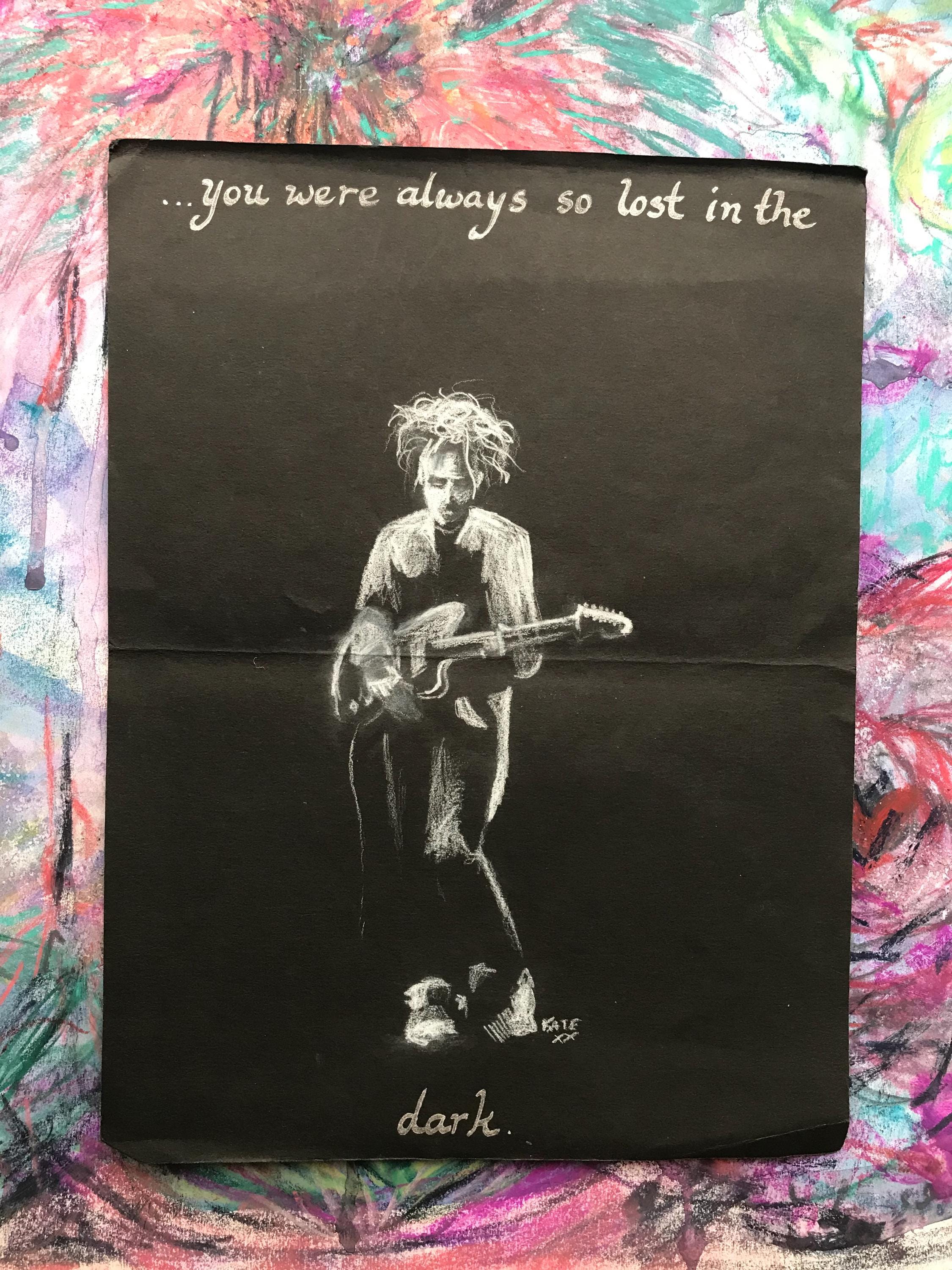 Drawing of Robert Smith in chalk on black paper by Kate (1990s)