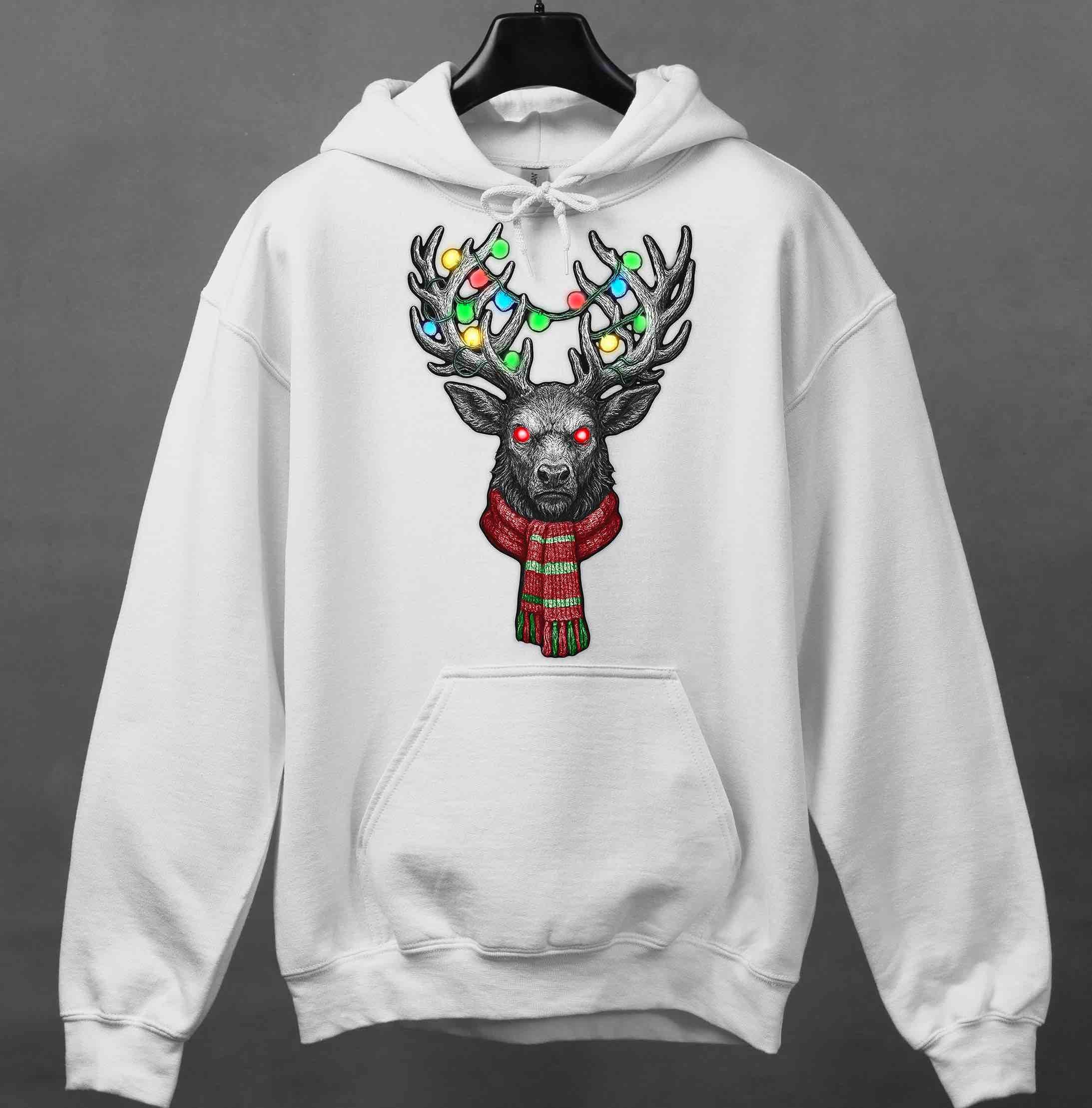 Charcoal hoodie with Gothic Christmas Reindeer front print; blank-stare stag, RGB string lights, textured scarf; cozy streetwear for goth/alt winter style.