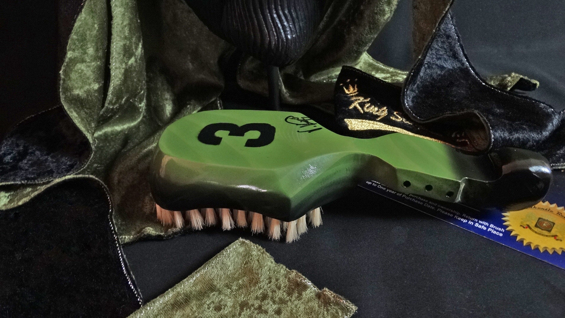 New!! Look Slimmer Design Our Newest Edition King Scorpion 360 Wave Brush Signature By V. Knight, Designer, Artist, And Creator. New!! 2018 King Scorpion 360 Lime Green & Black Custom 360 Wave Brush Signature Edition With Glow Effect Logo and Signature By Designer V. Knight - New!! Olive Green/Panther Black Large Custom Fat Lace Velvet Du-Rag With Metallic Embroidery King Scorpion 360 Logo Design. PACKAGE CONTENT: 1# New King Scorpion 360 Custom 360 Wave Brush - Custom Lime Green & Black Soft 10 Row Loose. Autographed and Signed By V. Knight Color: Lime Green/Black Rows: 10 Row Curve Logo: Glow Effect 3 - Charge in Natural Light for Glow Effect Hair Brush Type: Long Handle Curved Wood Hair Brush Bristle Strength: Soft Bristle Quality: Natural Boar Bristle Weight: 8oz Process Time: 1 to 2 Weeks Shipping: 2 Day Priority ( After Process Time) (Great For Short 360 Wave Pattern) 1# 1 Year Limited Warranty 1# New King Scorpion 360 Large Custom Double Sided Crushed Fat Lace Designer Velvet Du-Rag By T. Walker Color: TOP Panther Black - BOTTOM Olive Green Logo: Gold Metallic Embroidery King Scorpion 360 Design