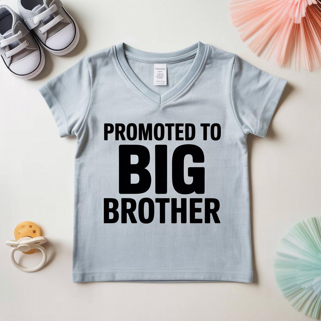 Close-up product photo of a grey V-neck “Promoted to Big Brother” T-shirt styled as a baby shower gift