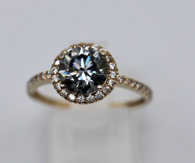 Dark gray moissanite in solid yellow gold halo ring paved with created diamonds - last chance to get it at the unbelievably low price!