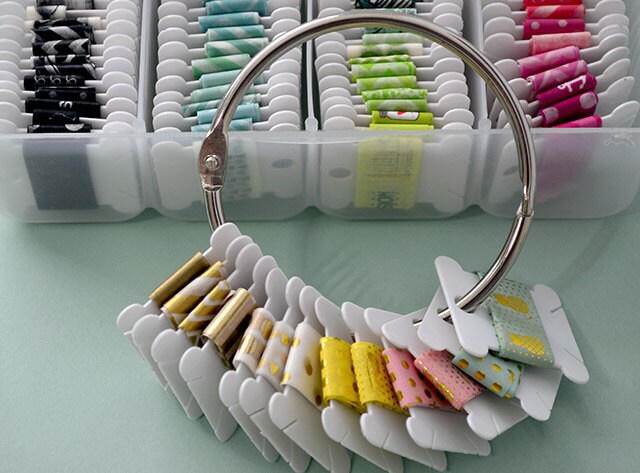 close up of ring with washi tape on bobbins