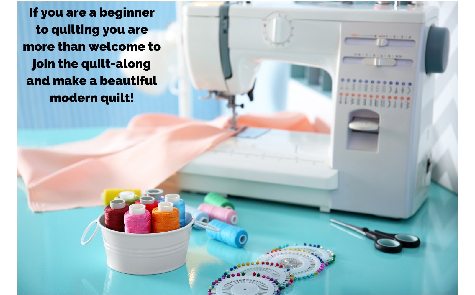If you are a beginner to quilting you are more than welcome to join the quilt-along and make a beautiful modern quilt! Image shows a sewing machine with peach coloured fabric being sewn into a quilt.