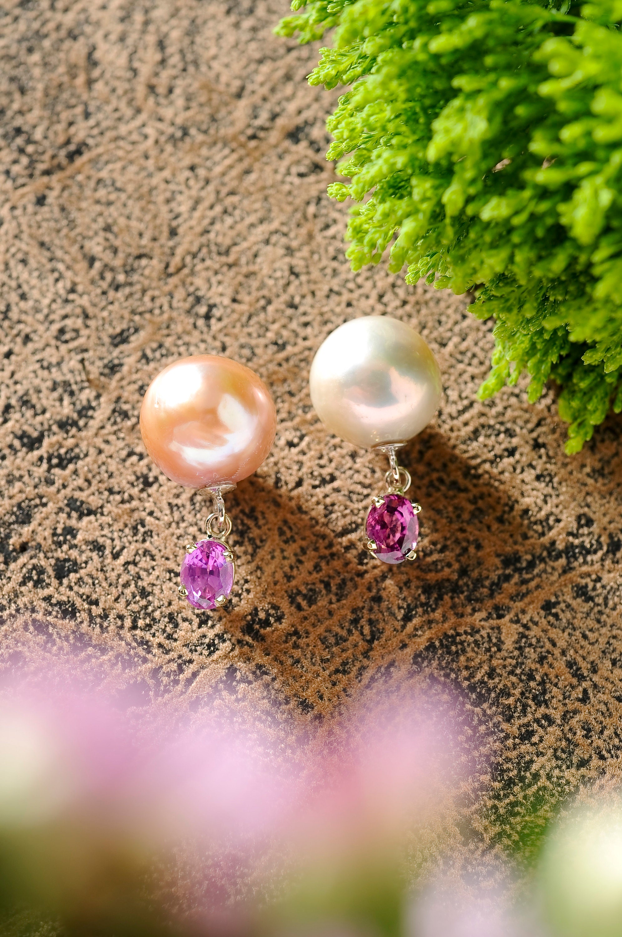 fun quirky pearl earrings, pearl and sapphire earrings, baroque pearl earrings